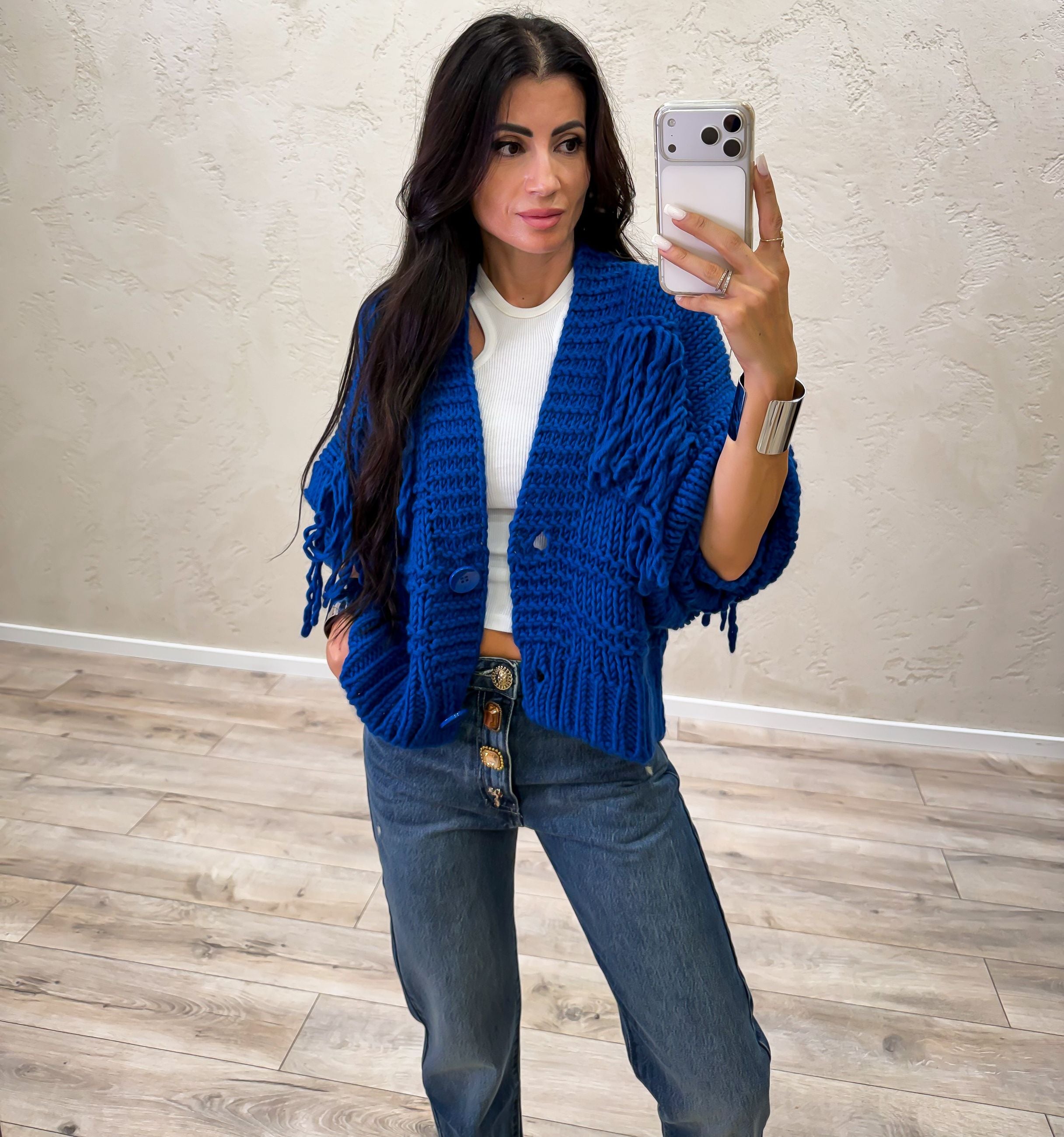 Cardigan in misto lana con frange
