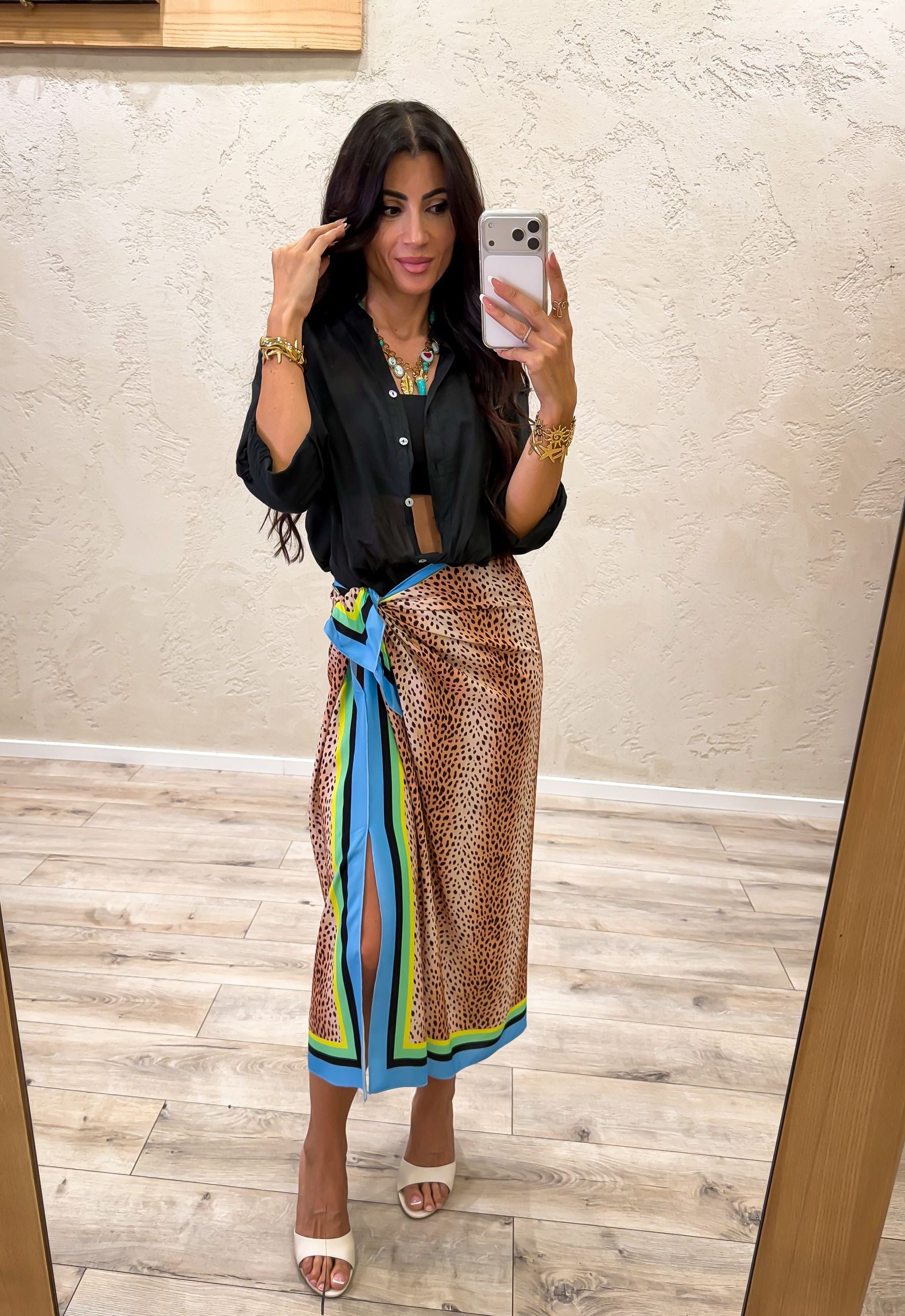Gonna midi pareo a foulard Leopard Neon