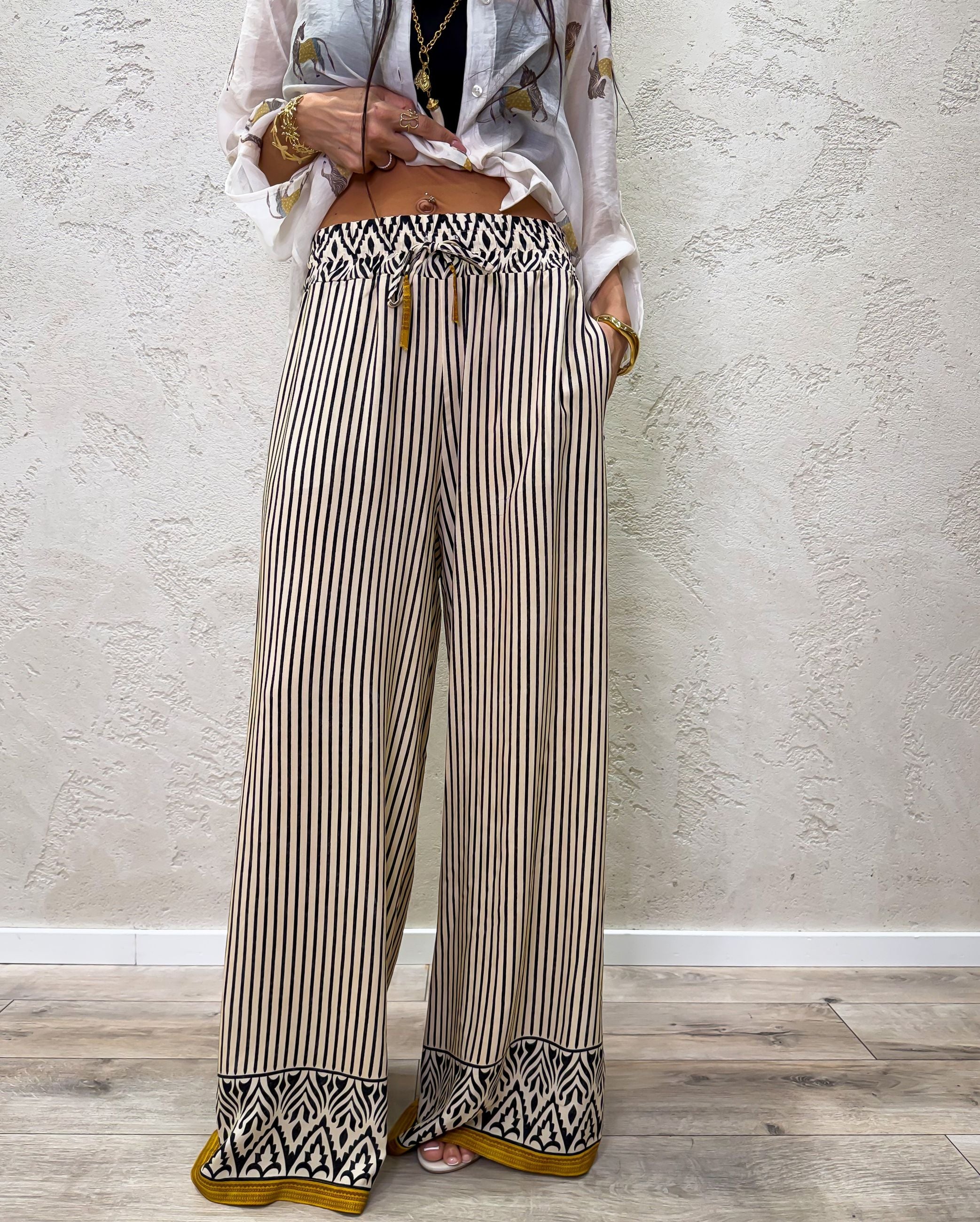 pantalone a palazzo in viscosa fantasia a righe