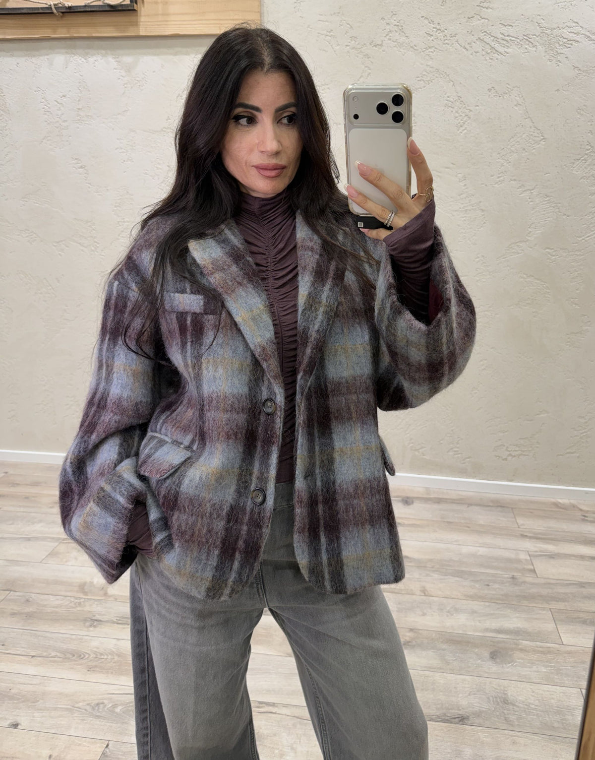 Giacca check in misto lana e alpaca