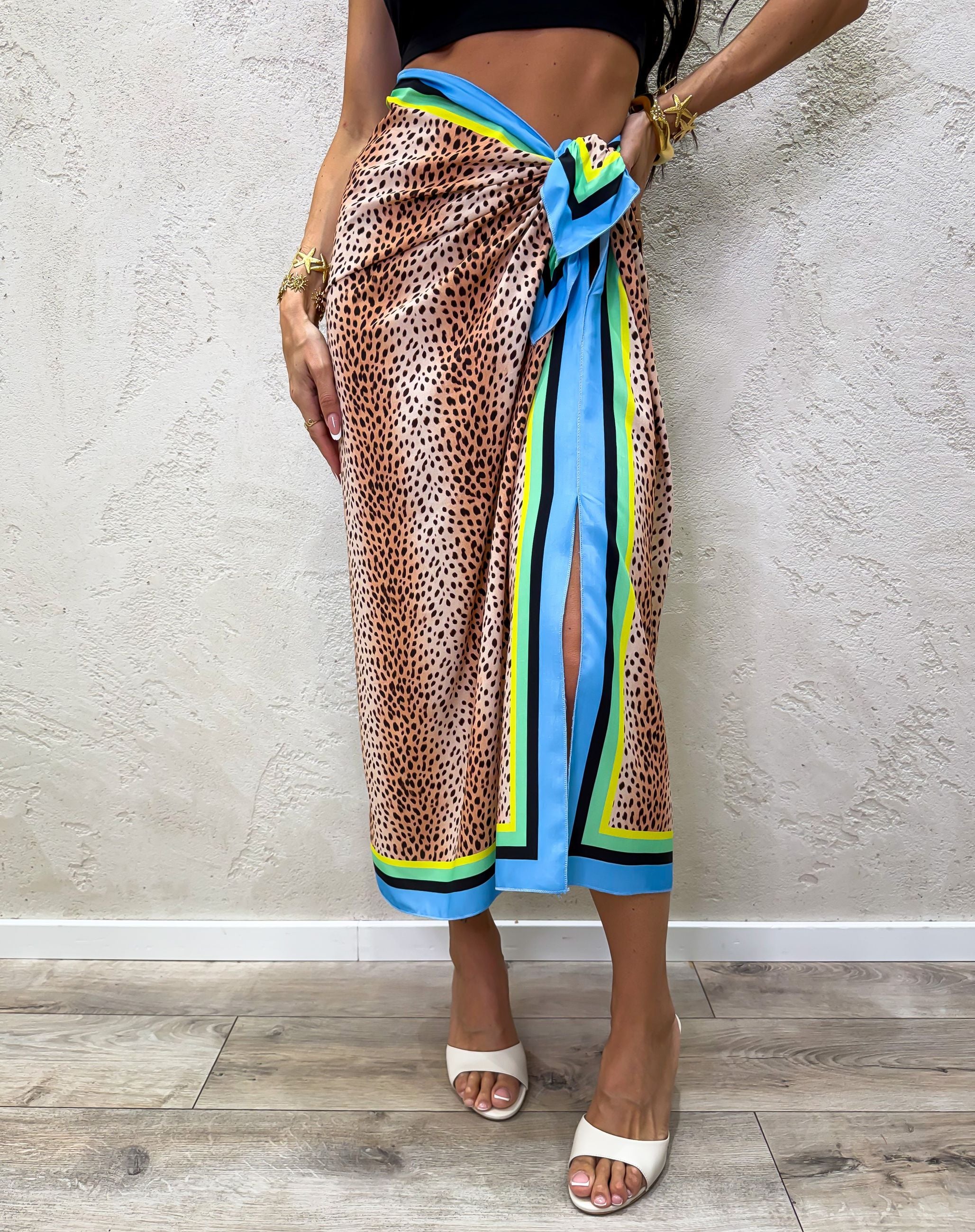 Gonna midi pareo a foulard Leopard Neon