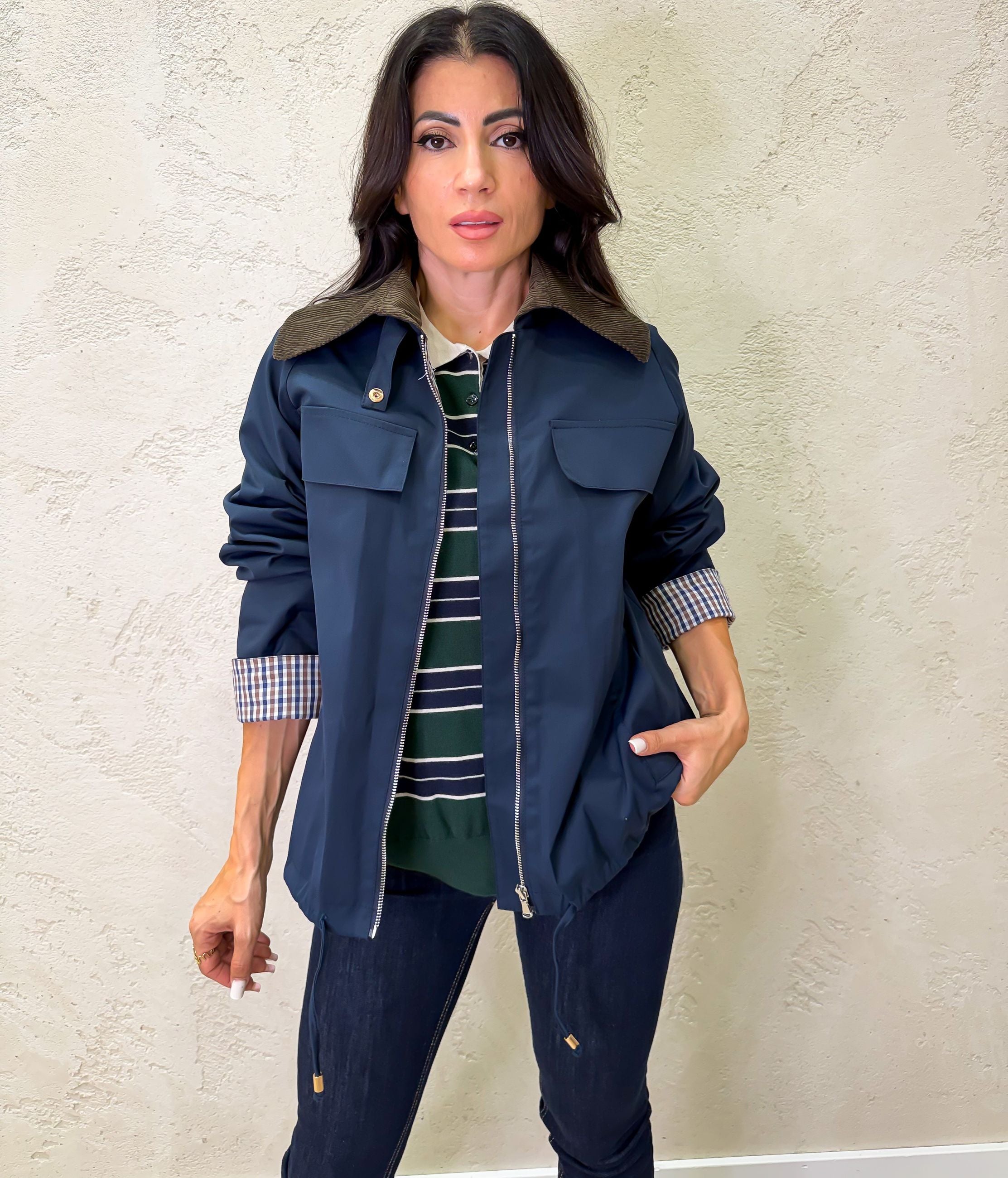 Trench a bomber con colletto in velluto a costine