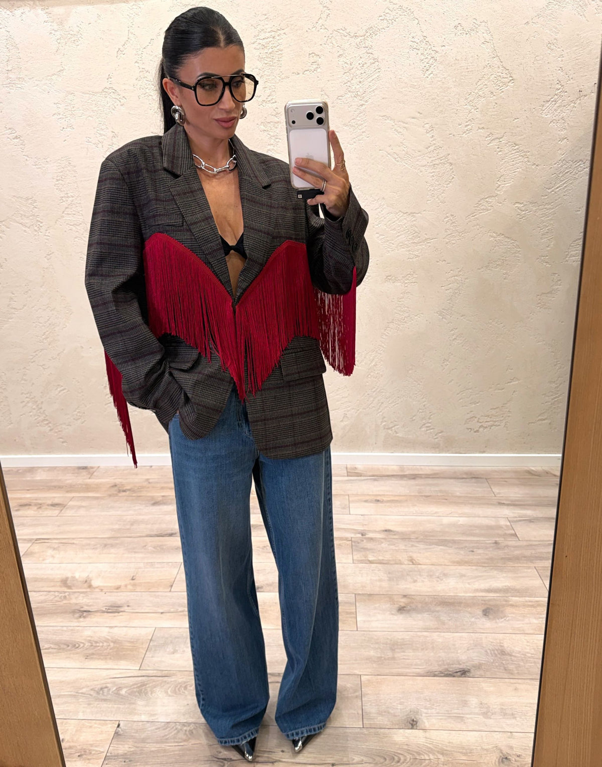 Blazer "Dakota" principe di galles con frange