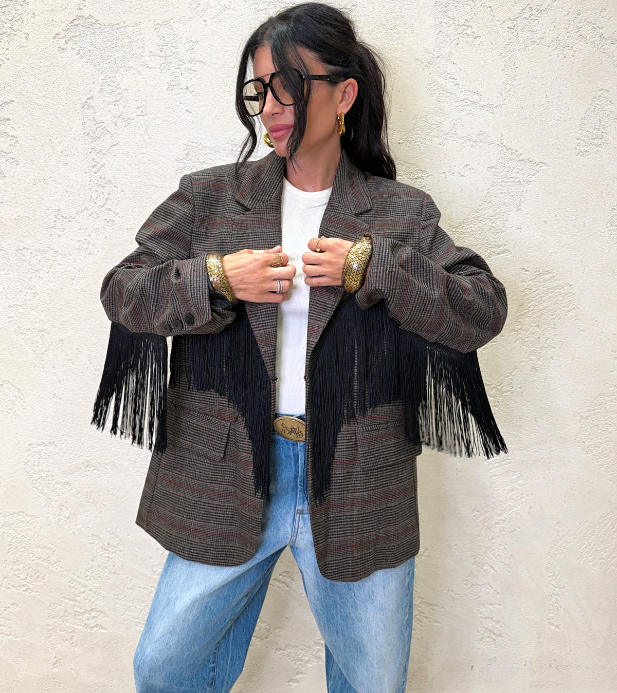 Blazer "Dakota" principe di galles con frange