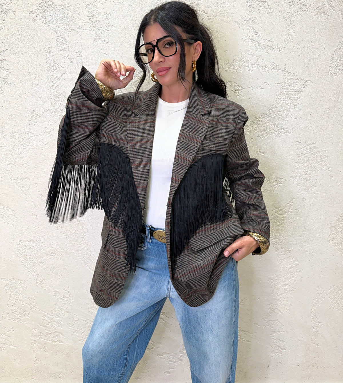 Blazer "Dakota" principe di galles con frange