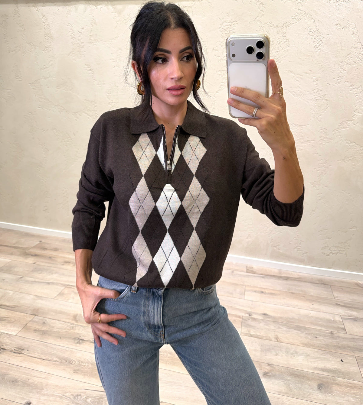 Maglia a polo in misto lana merino fantasia argyle