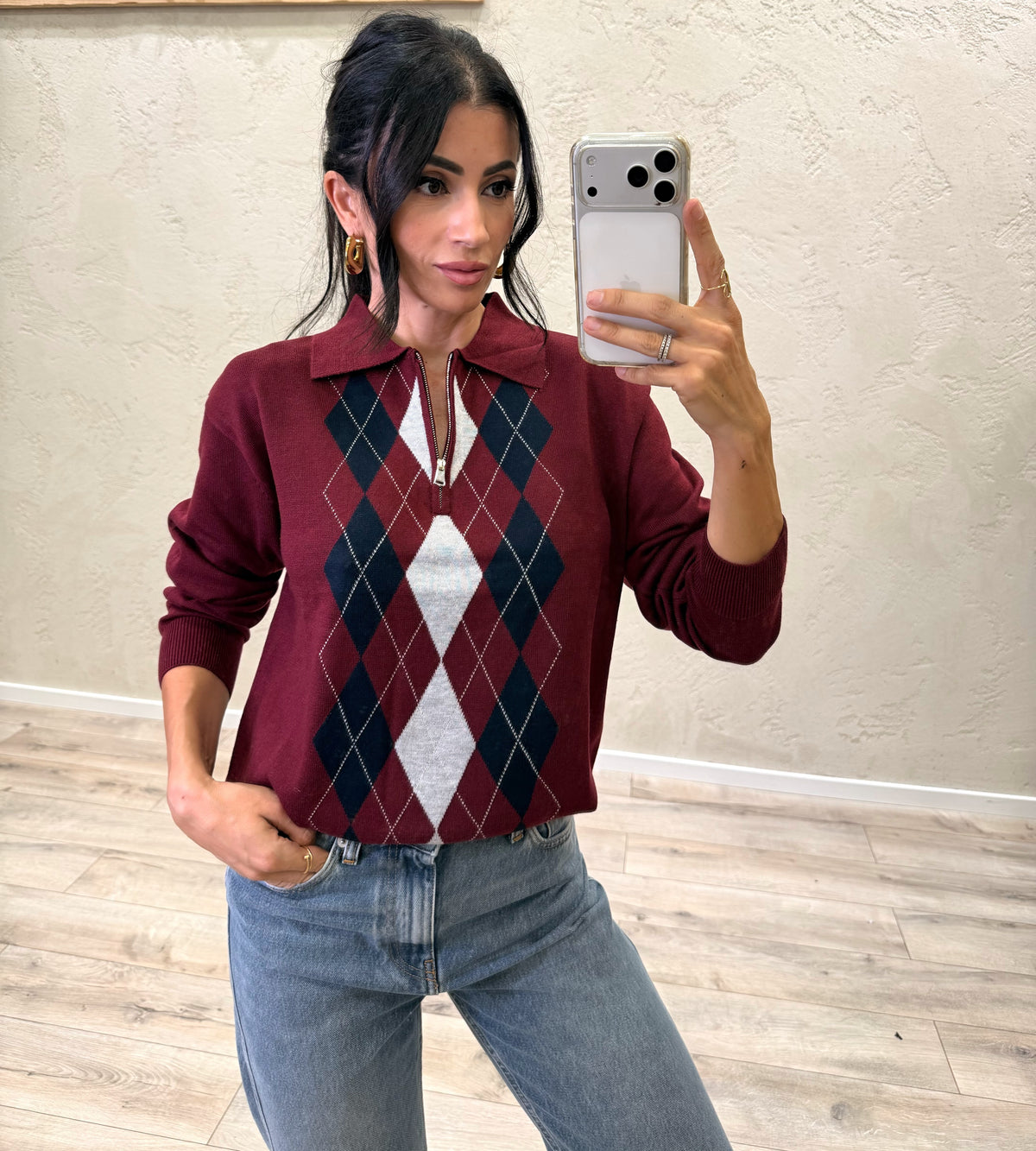 Maglia a polo in misto lana merino fantasia argyle