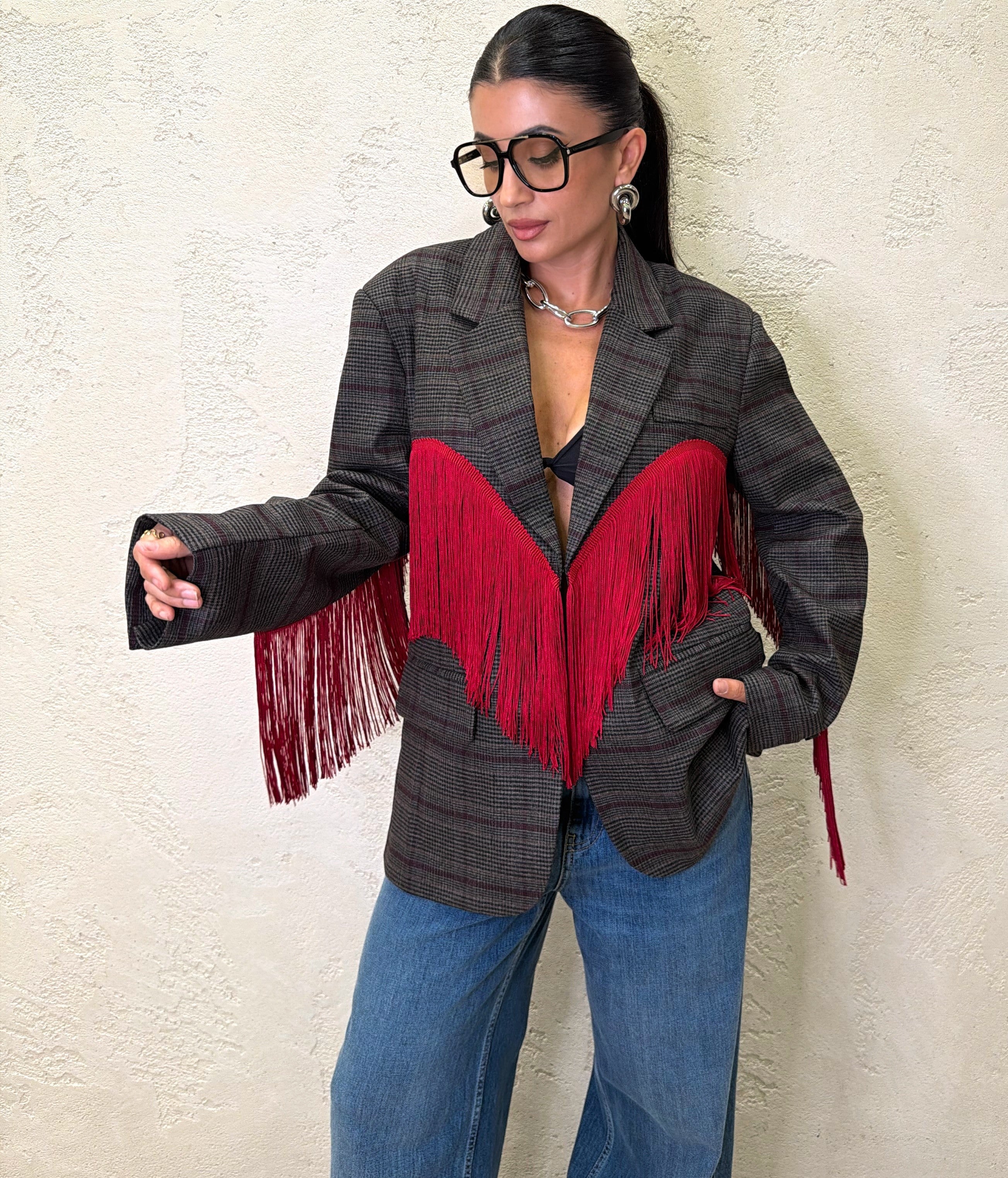 Blazer "Dakota" principe di galles con frange