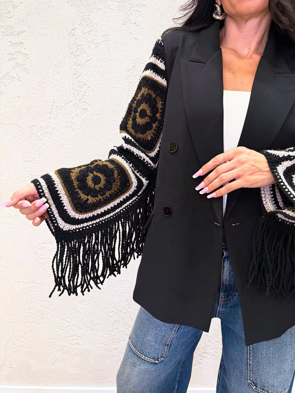 Blazer maniche crochet e frange