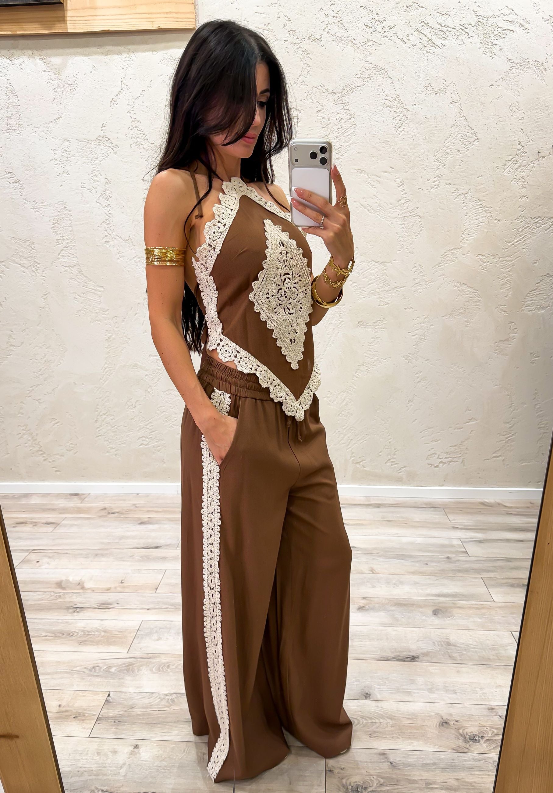 pantalone "positano" a palazzo in misto lino con inserti crochet