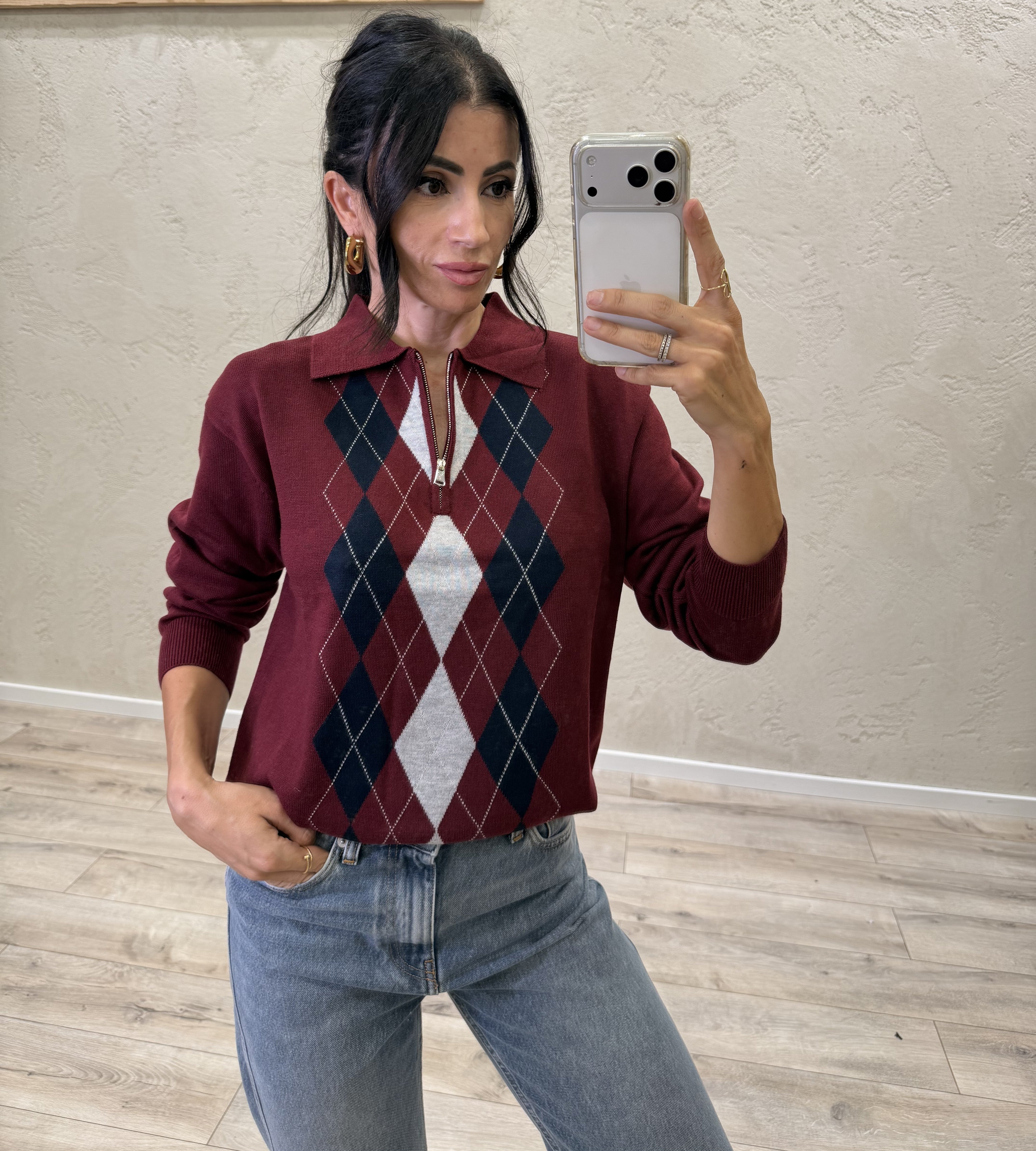 Maglia a polo in misto lana merino fantasia argyle