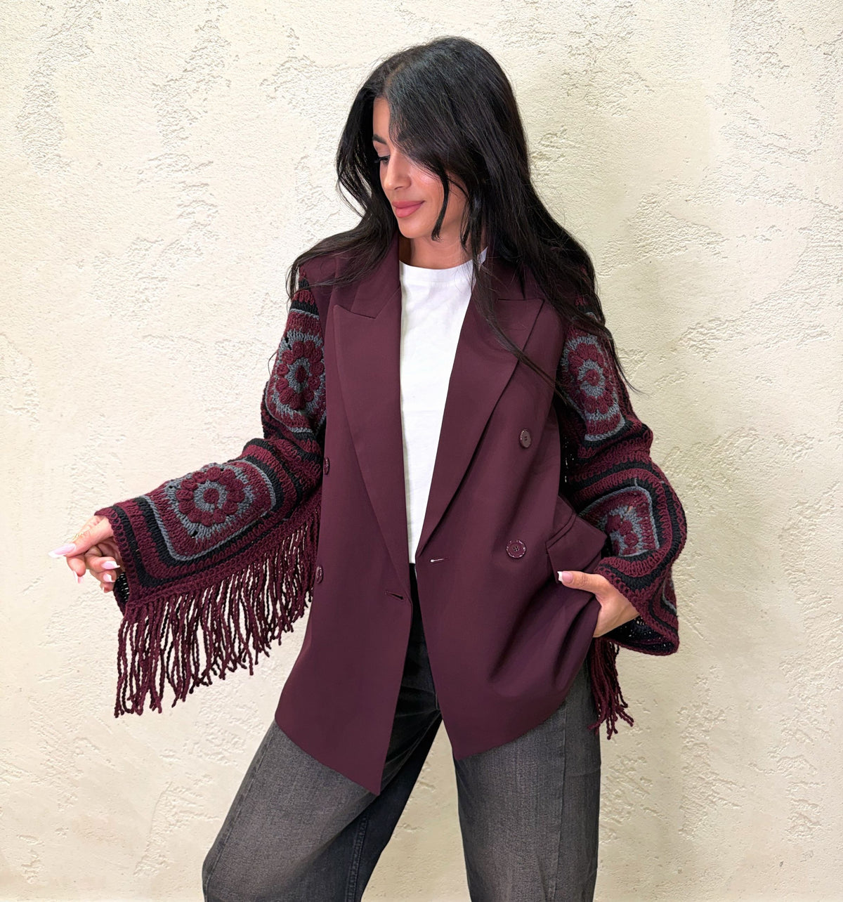 Blazer maniche crochet e frange