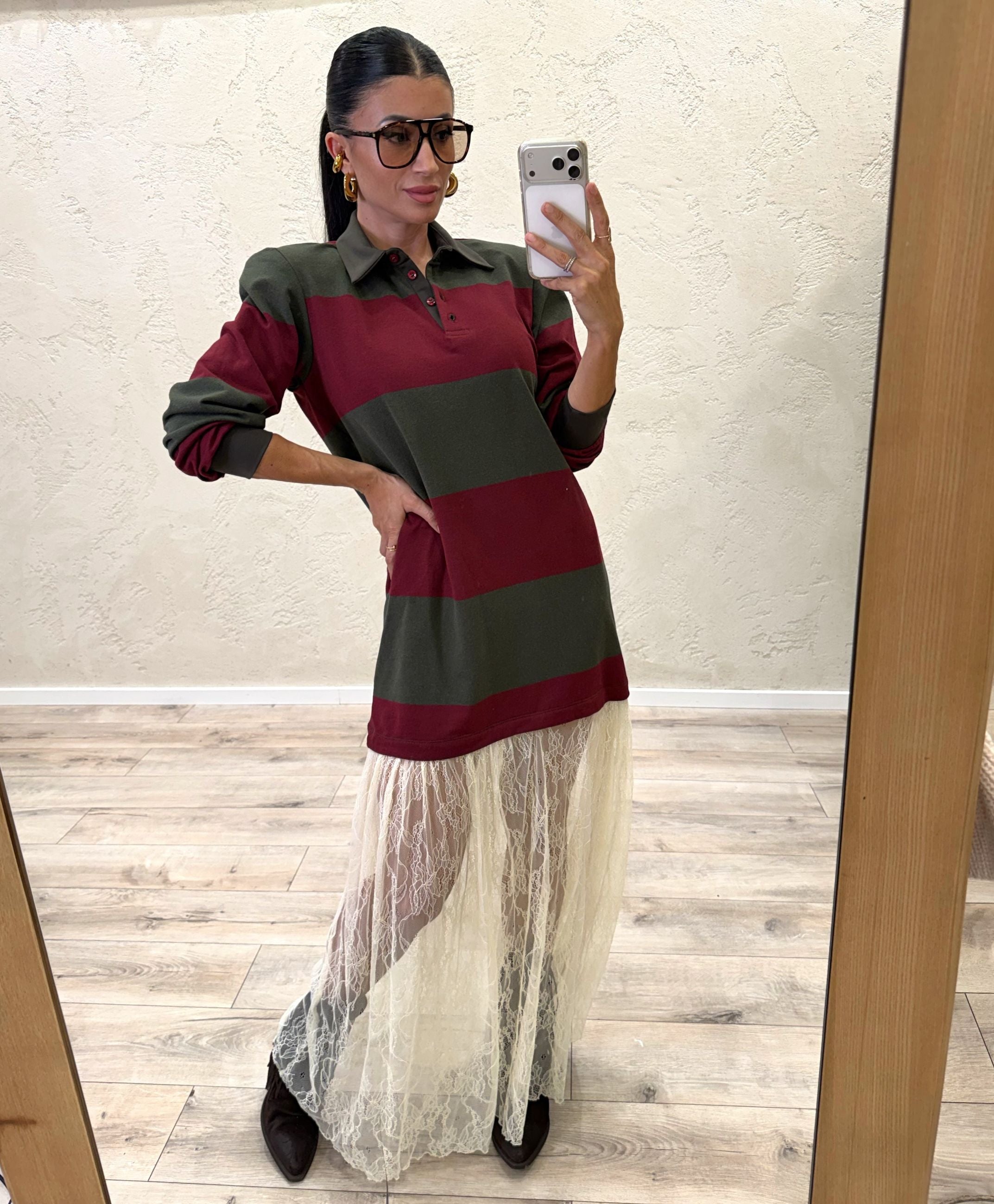 Abito polo righe e pizzo