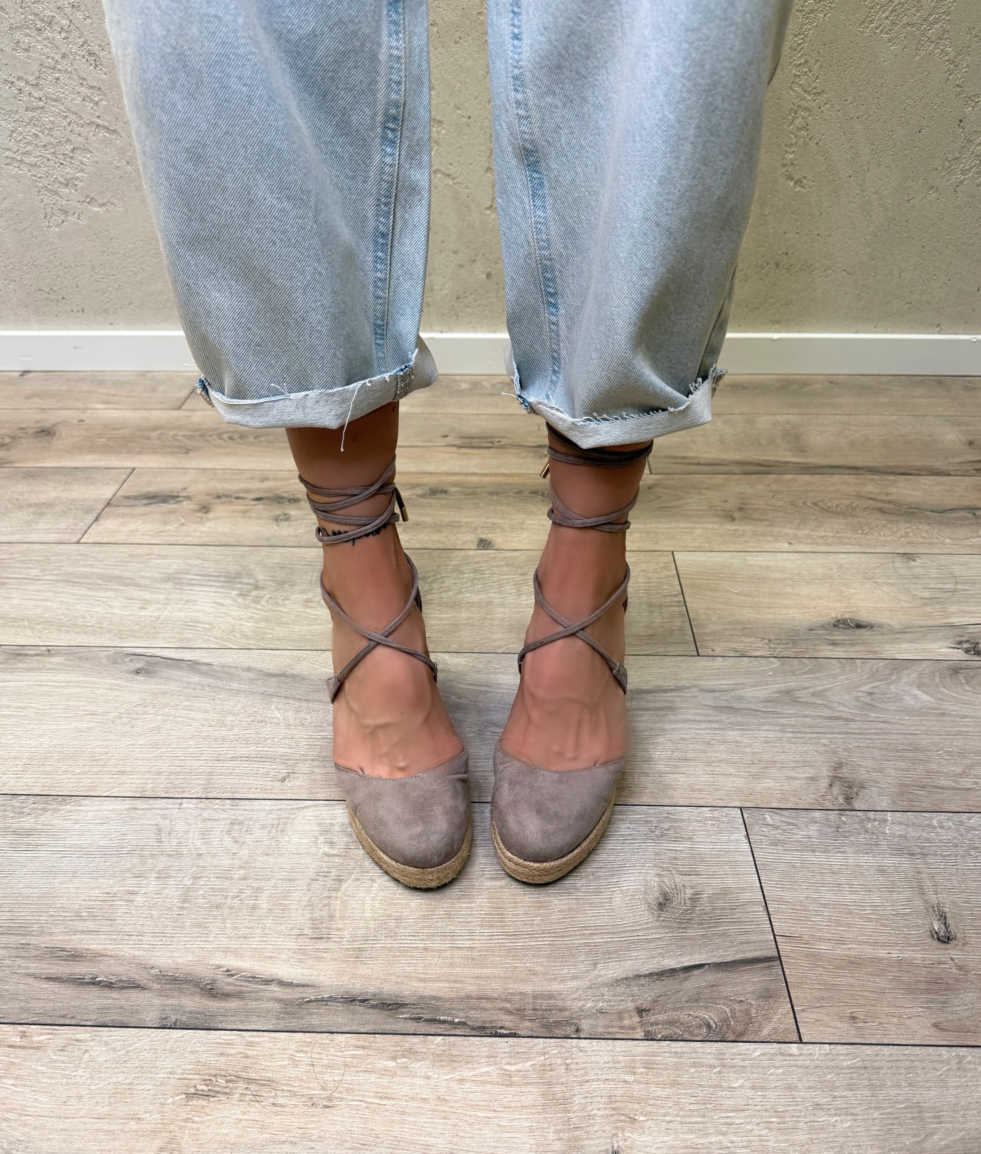 zeppe in pelle con plateau in raffia 14-3714 TAUPE DIVINE FOLLIE