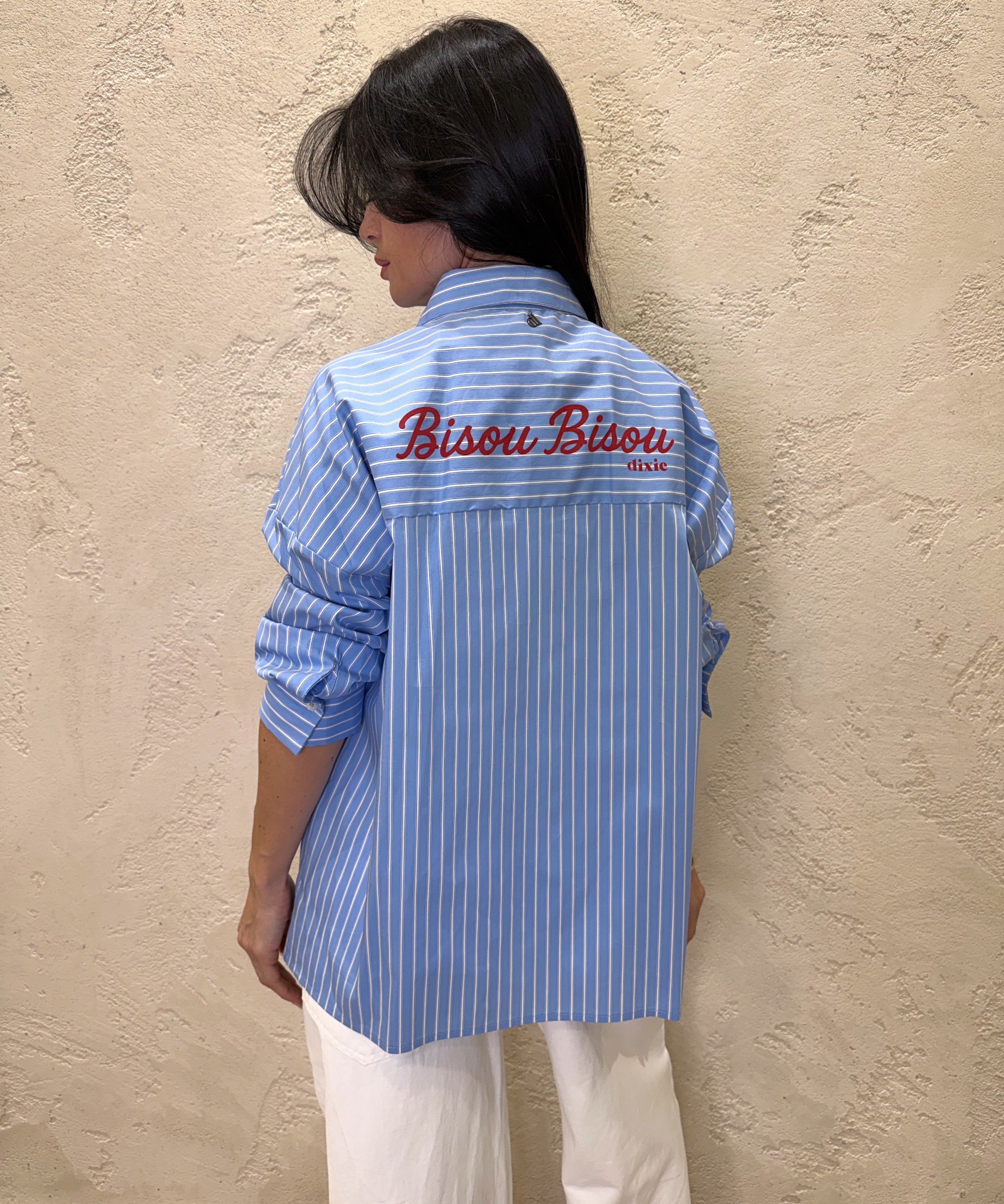 camicia over gessata con stampa sul retro CFLS1H0S CELESTE DIXIE