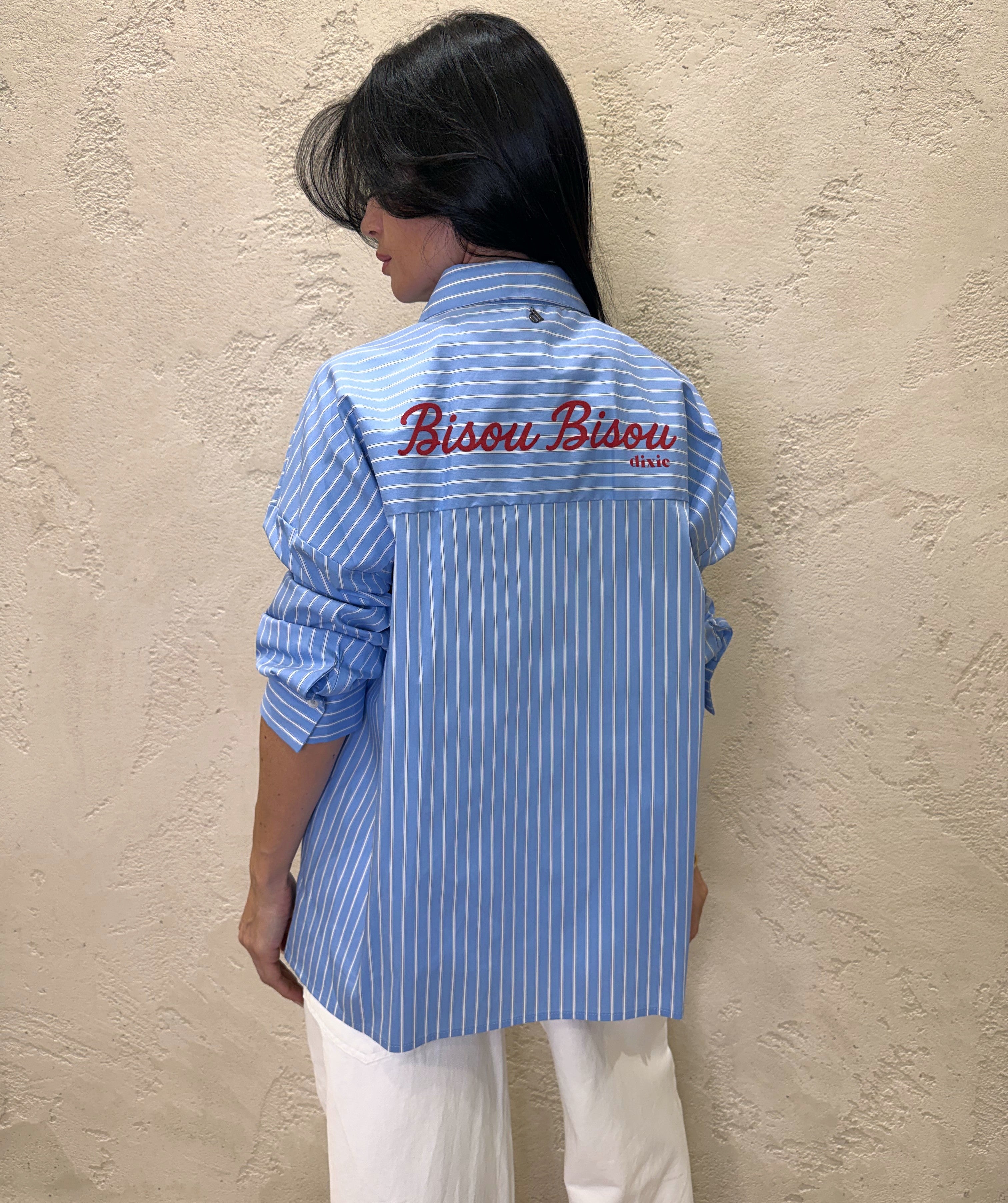 camicia over gessata con stampa sul retro CFLS1H0S CELESTE DIXIE
