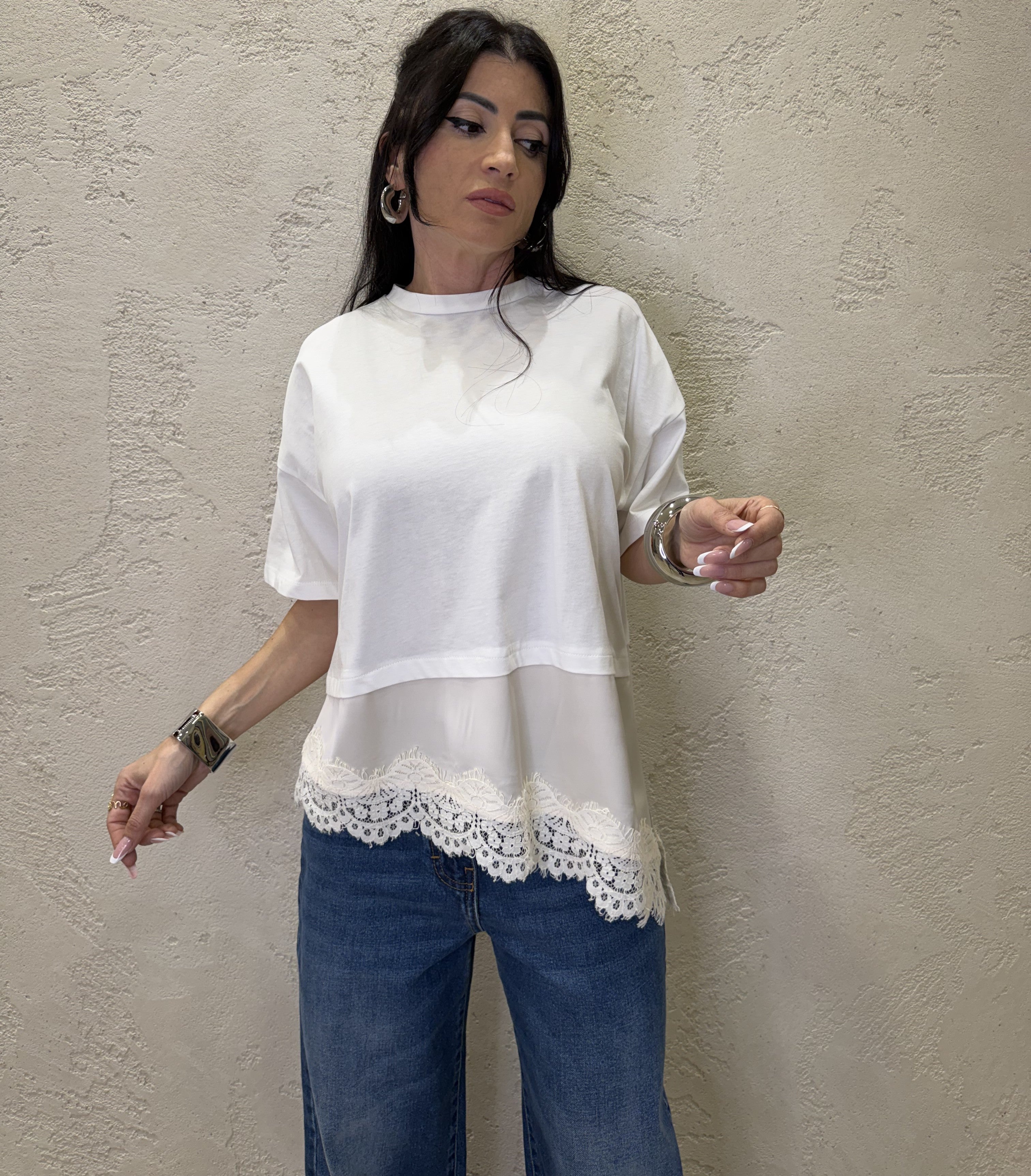 t-shirt a scatoletta con inserto satin e pizzo T262A082 PANNA DIXIE