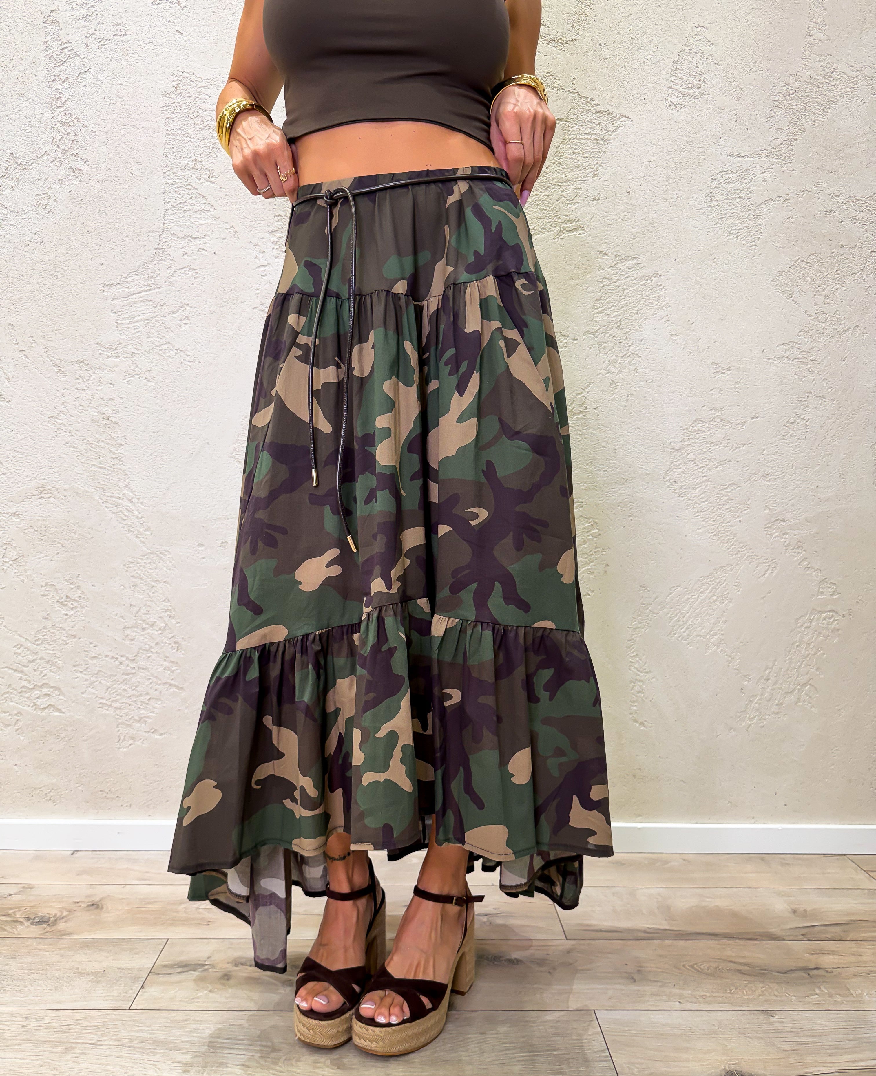 gonna midi asimmetrica con balze in 100% cotone 188/272/2332 CAMOUFLAGE ELEVI