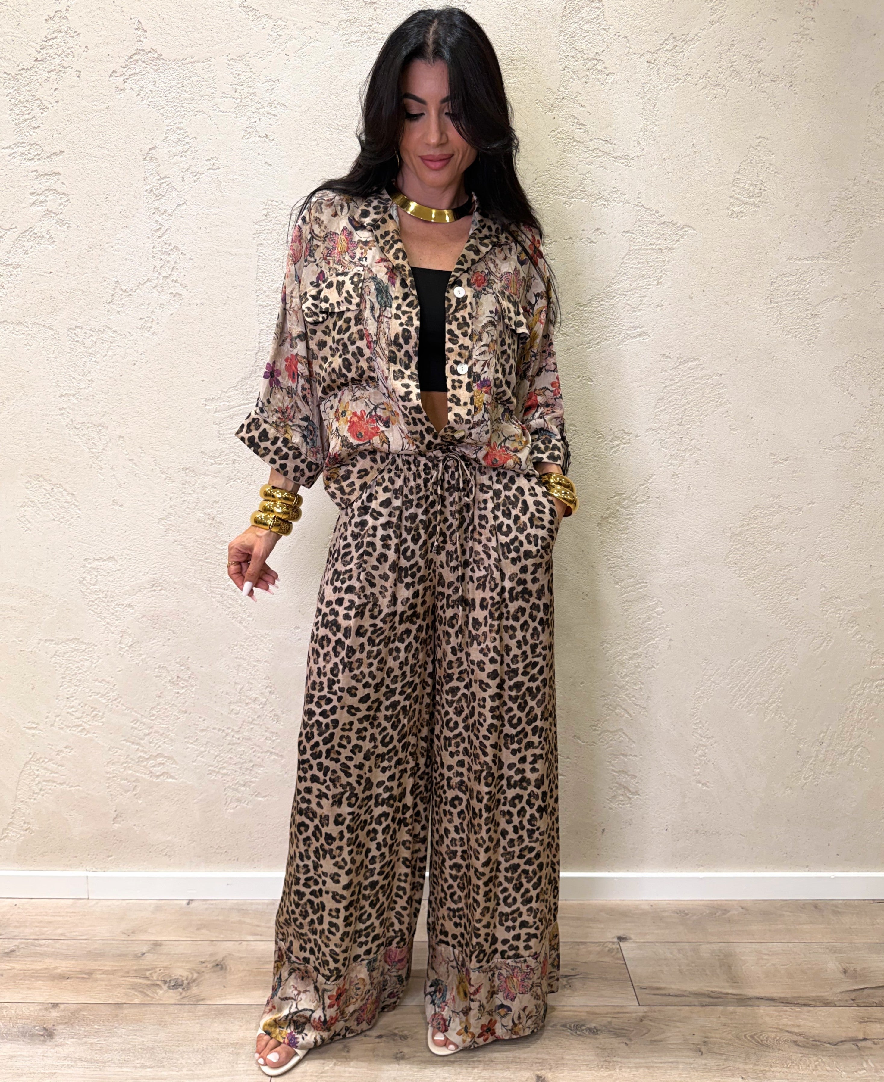 camicia a scatoletta fantasia "leopard bloom" 100% viscosa G03637 MACULATO ELEVI