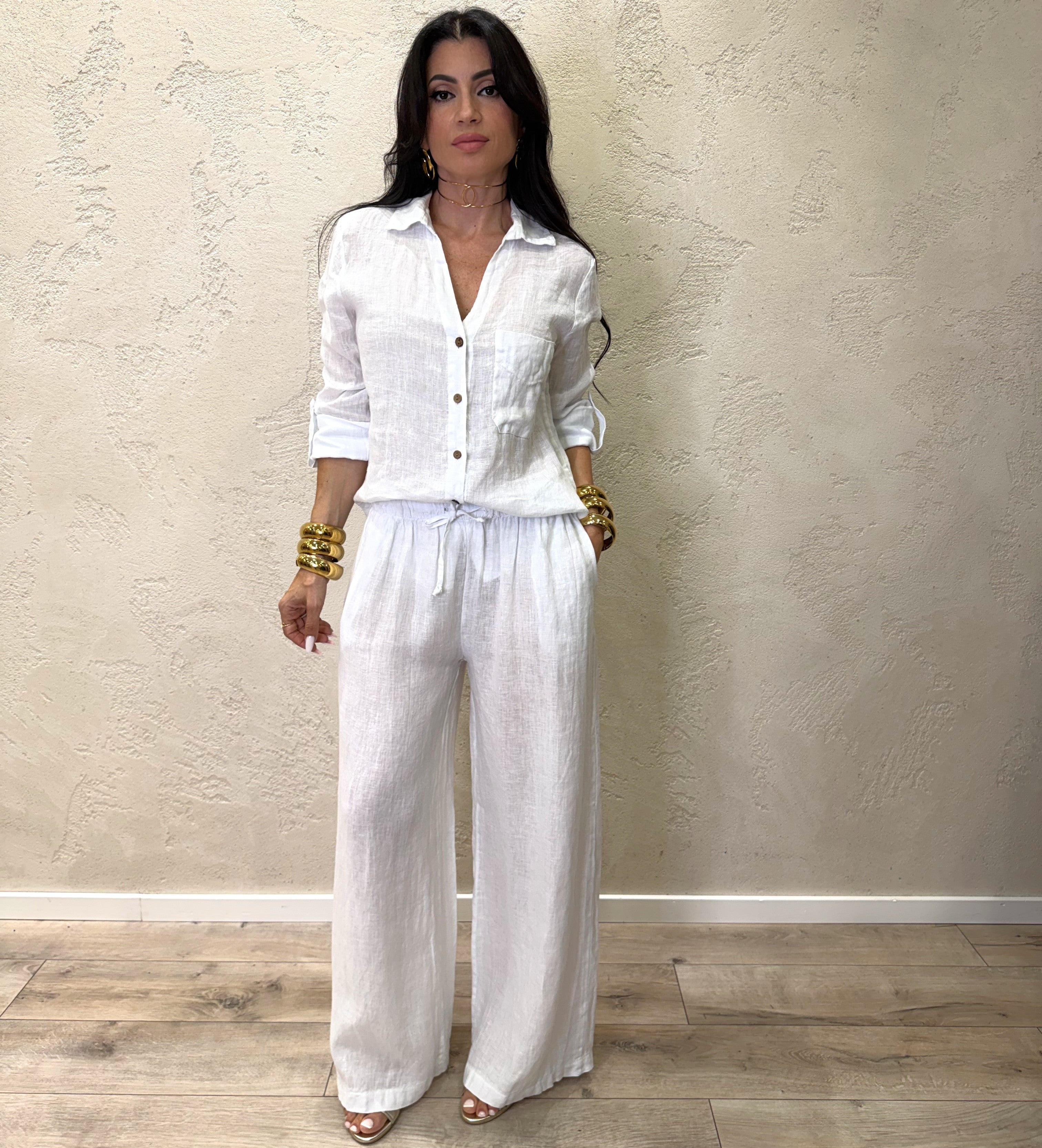 pantalone "ARIA" a palazzo in 100% lino H5944 BIANCO ELEVI
