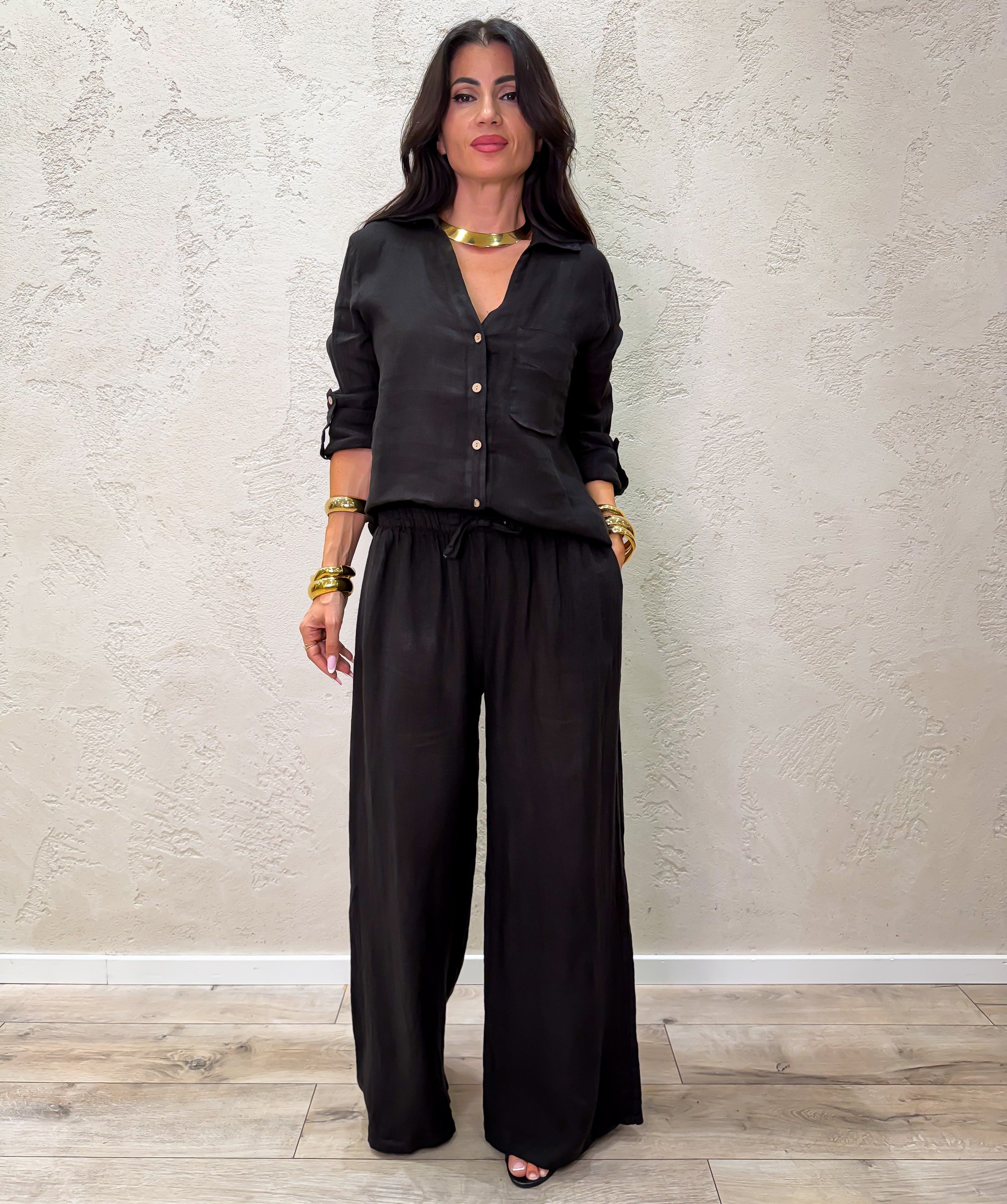 pantalone "ARIA" a palazzo in 100% lino H5944 NERO ELEVI