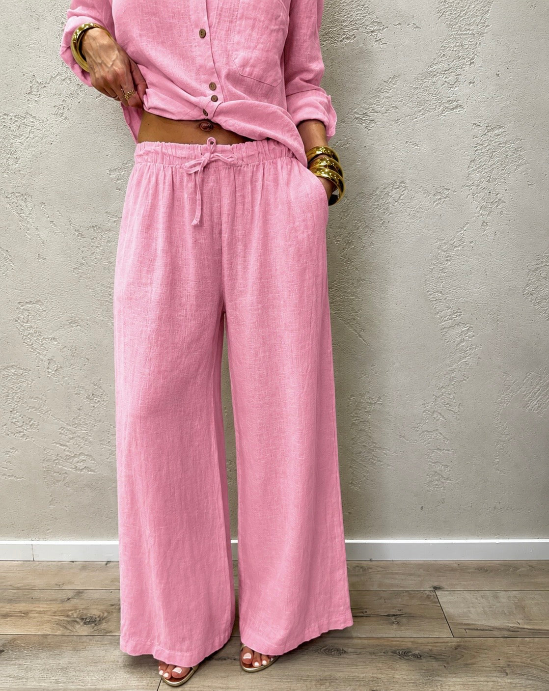pantalone "ARIA" a palazzo in 100% lino H5944 ROSA ELEVI