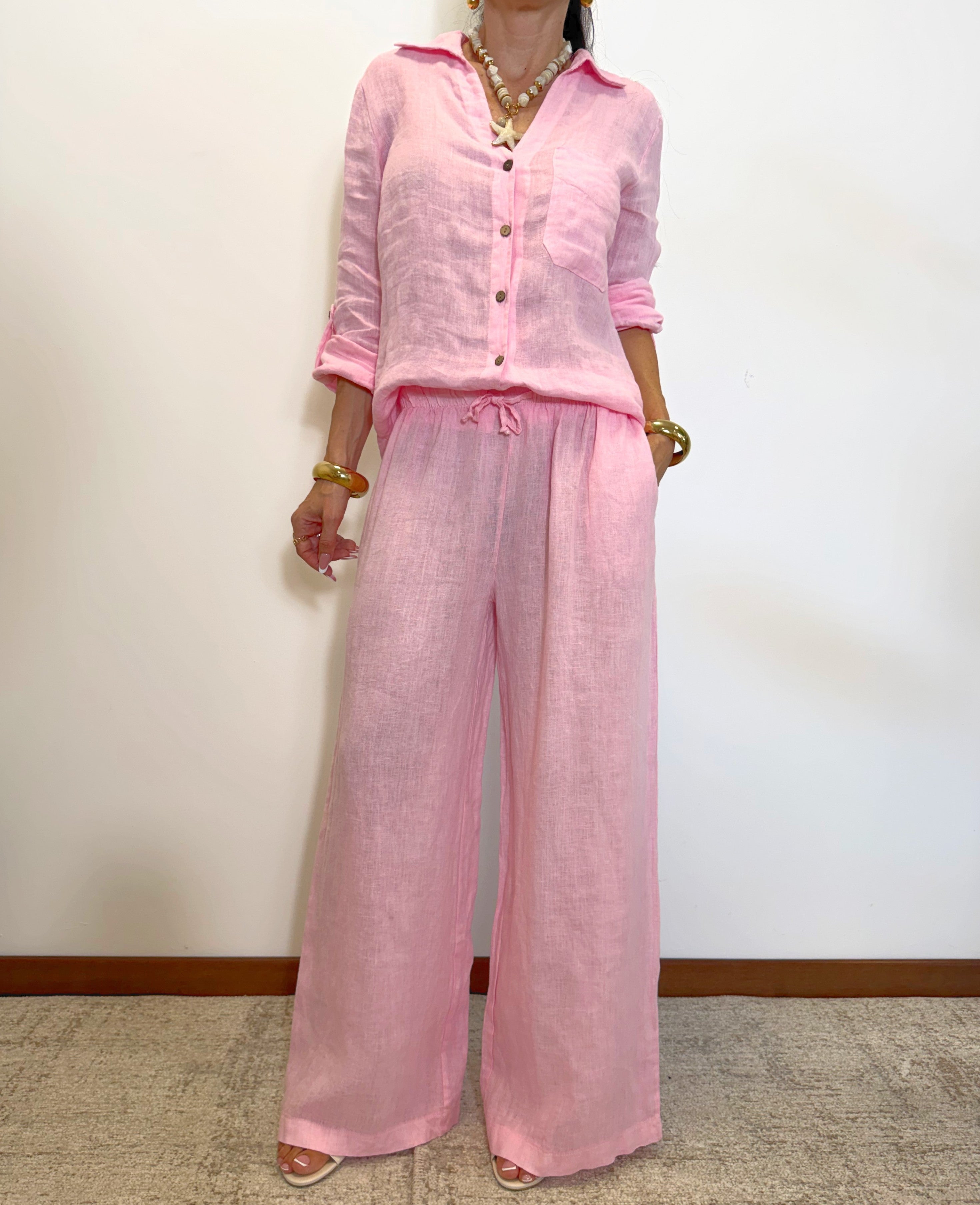 pantalone "ARIA" a palazzo in 100% lino H5944 ROSA ELEVI