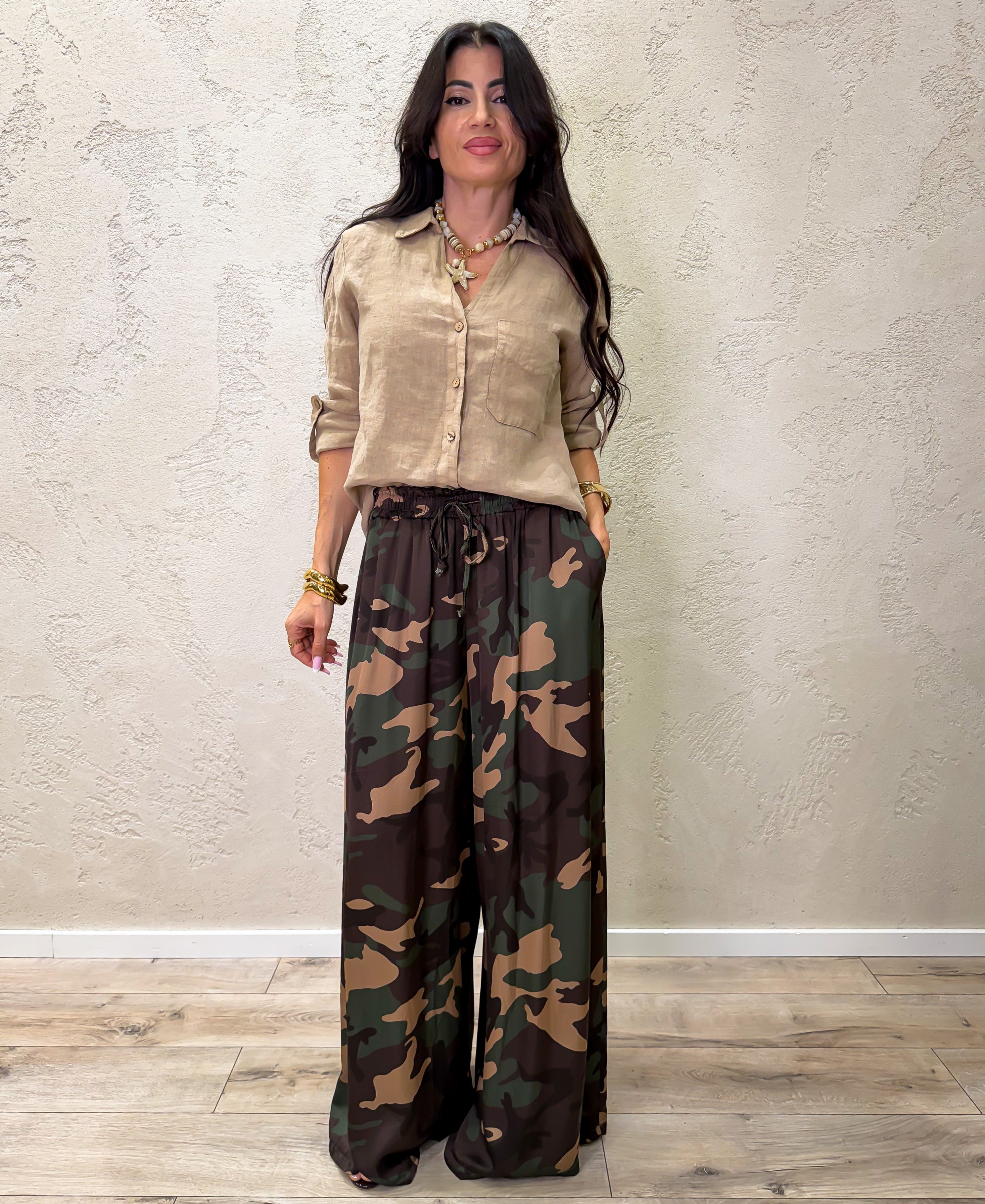 pantalone a palazzo in 100% viscosa MP111-921 CAMOUFLAGE ELEVI