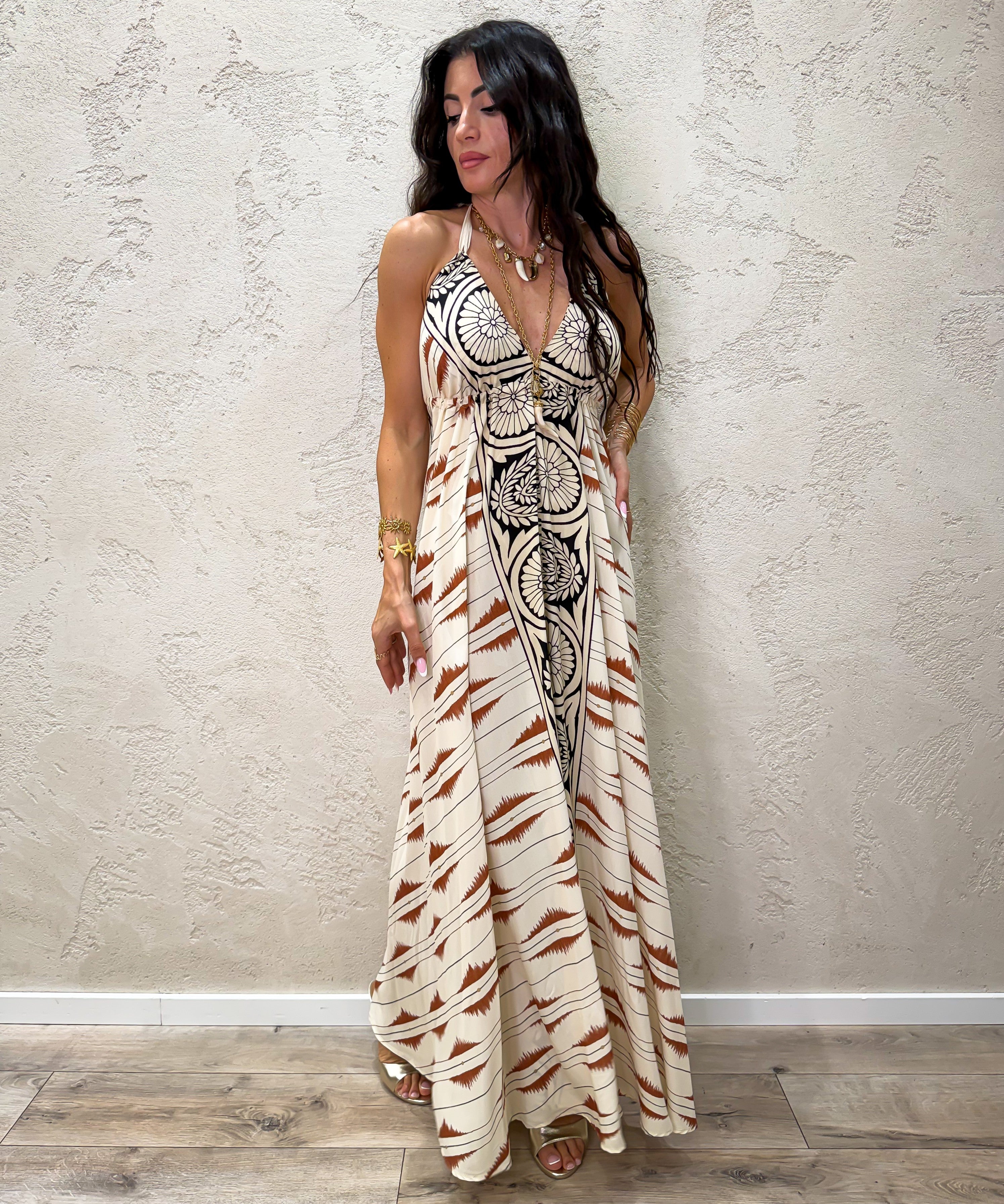 abito midi fantasia con scollo a v e schiena scoperta 100% viscosa AMA-Q263 FANTASIA HAVEONE