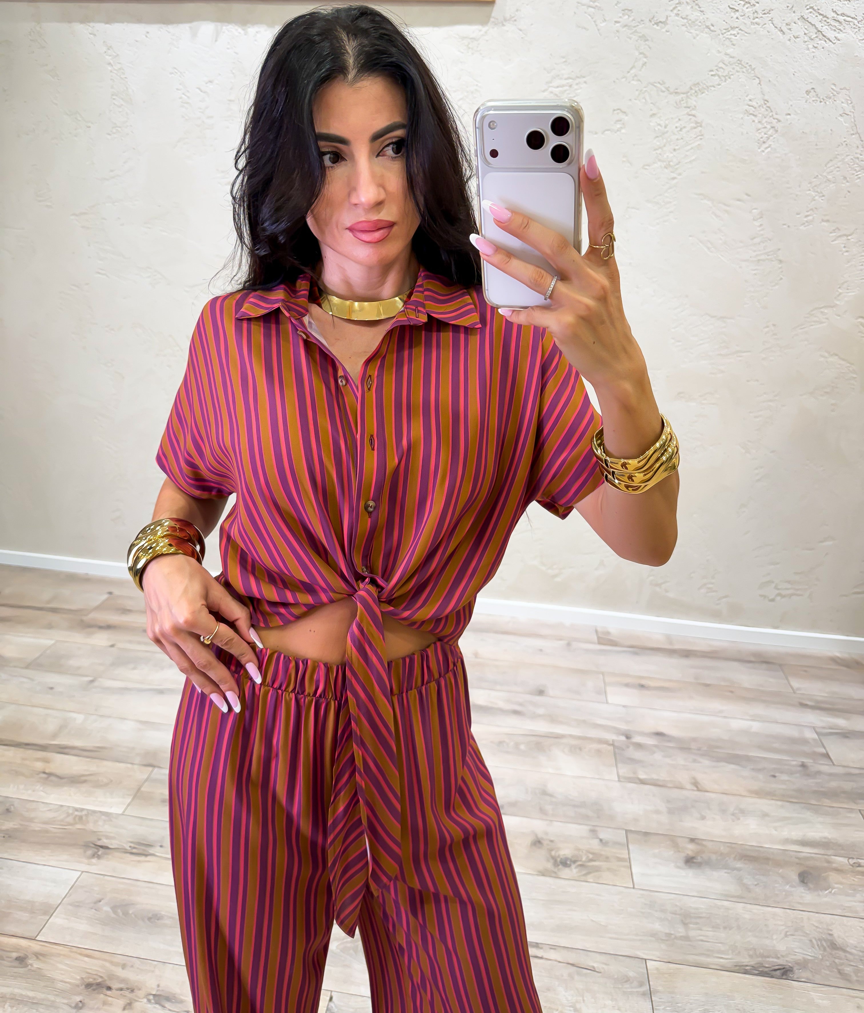 camicia con nodo in 100% viscosa fantasia a righe CIA-Q439 ROSA/BRUCIATO HAVEONE