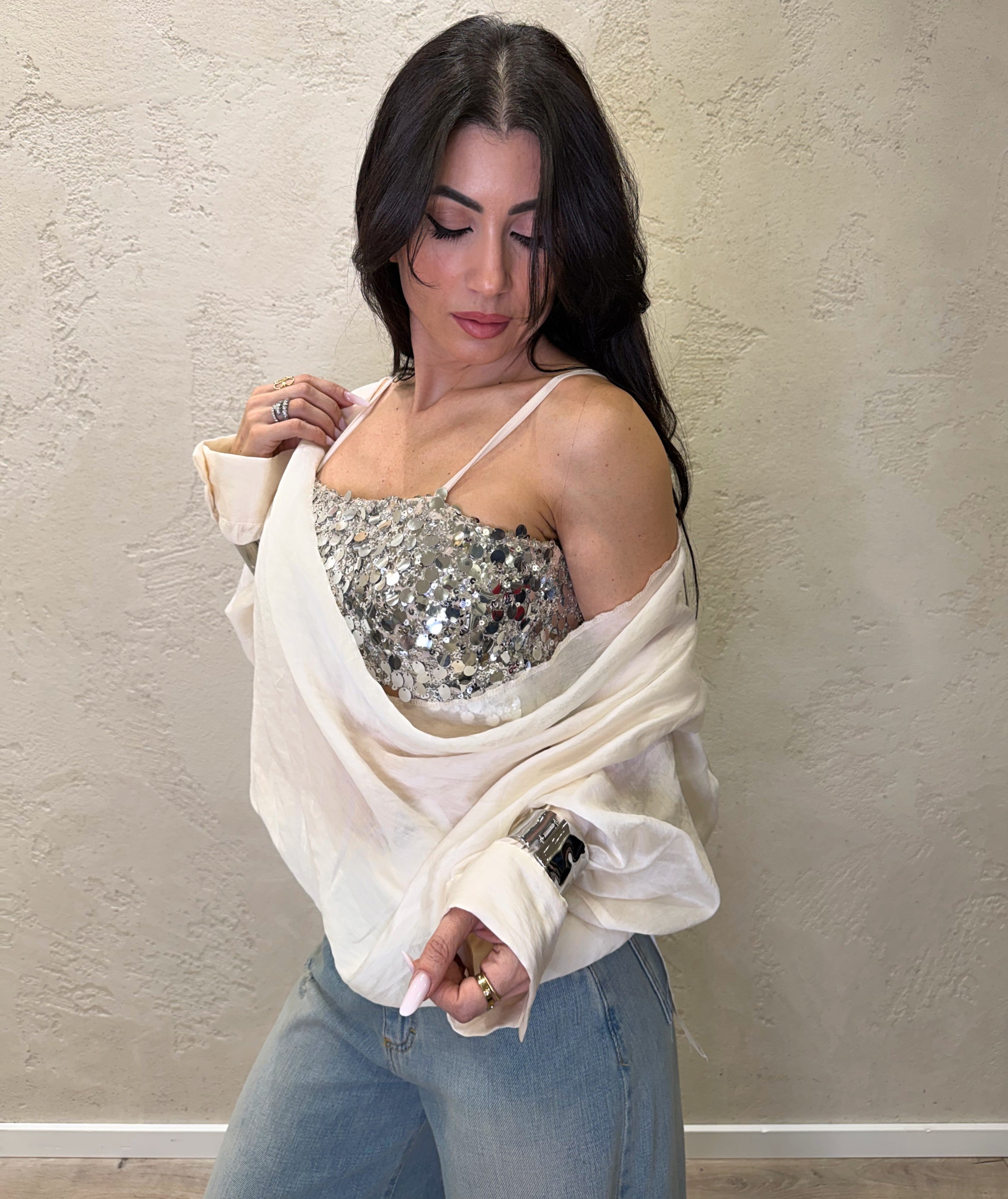 blusa morbida con top a fascia in pailettes CVS-Q071 BURRO HAVEONE