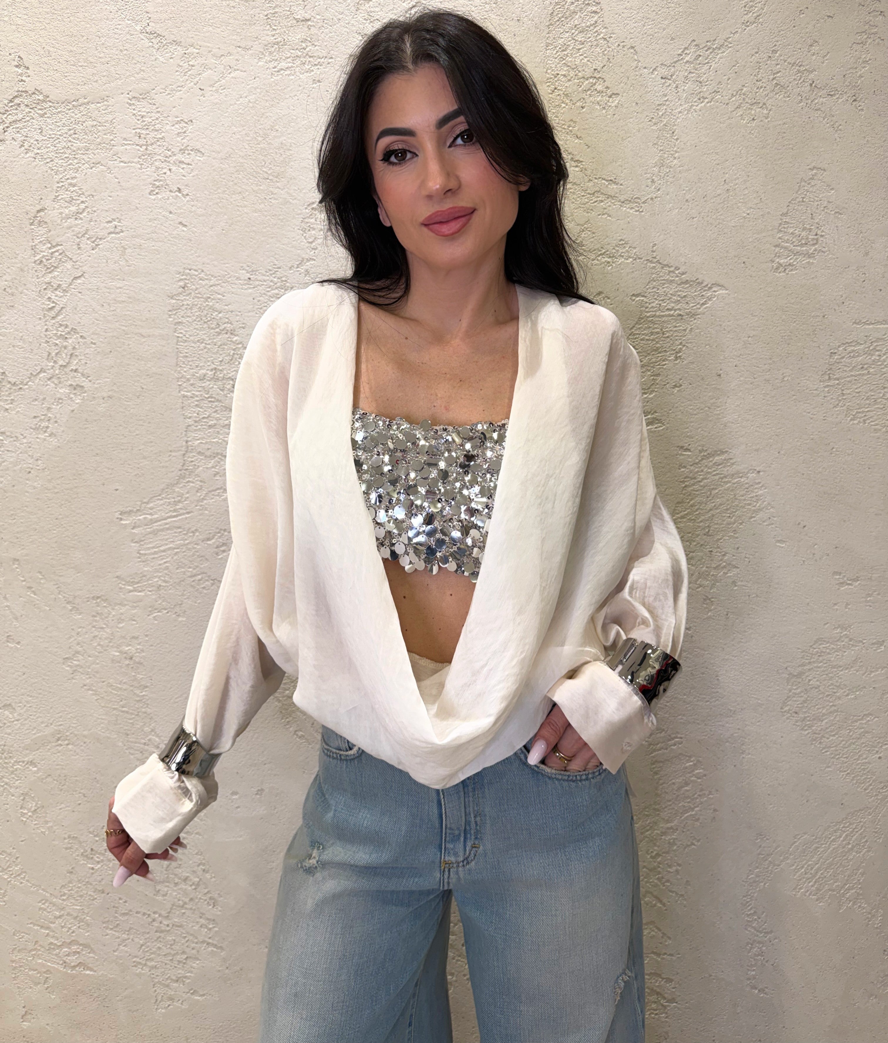 blusa morbida con top a fascia in pailettes CVS-Q071 BURRO HAVEONE