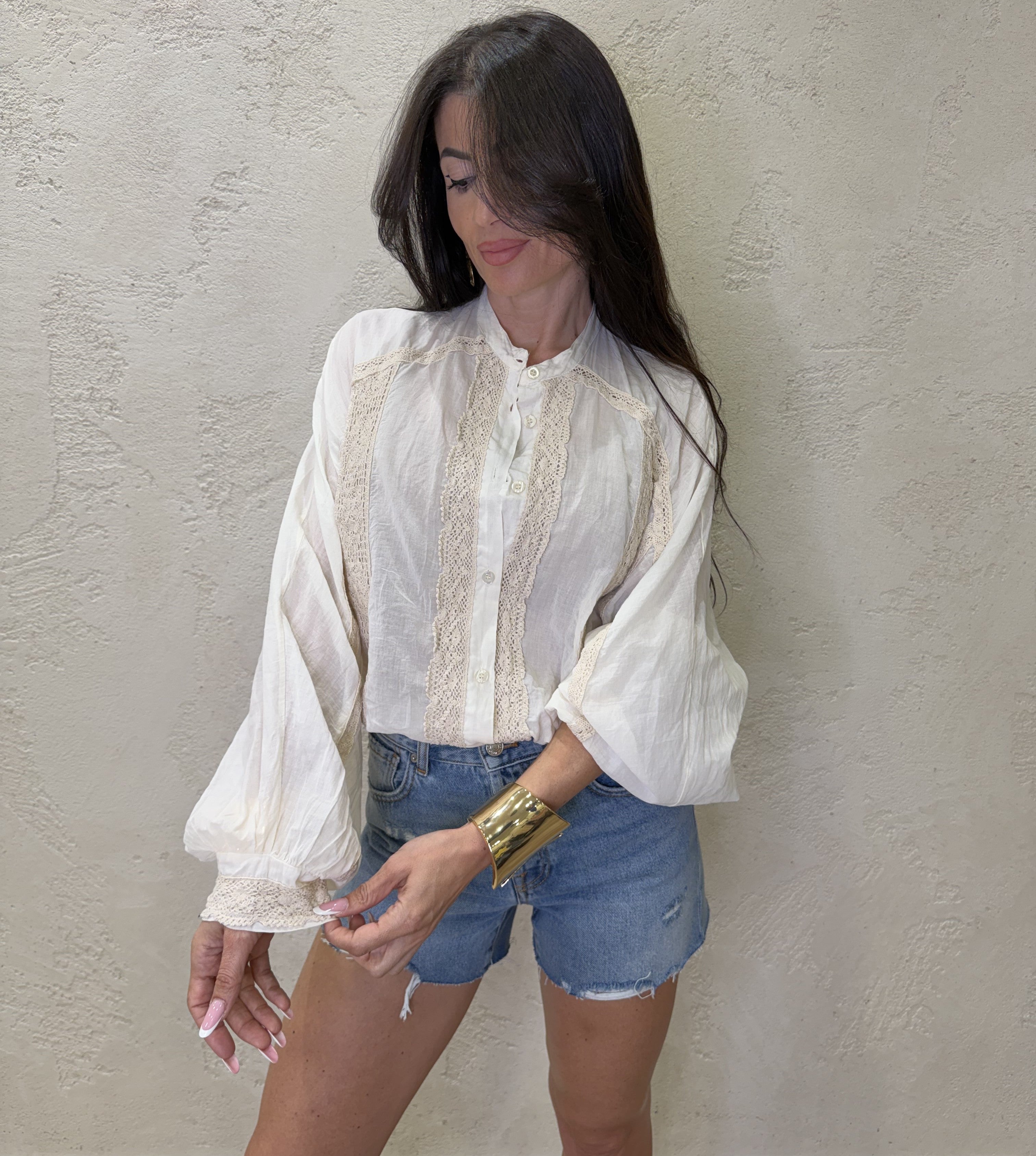 camicia con collo alla coreana e inserti crochet CVS-Q144 BURRO HAVEONE