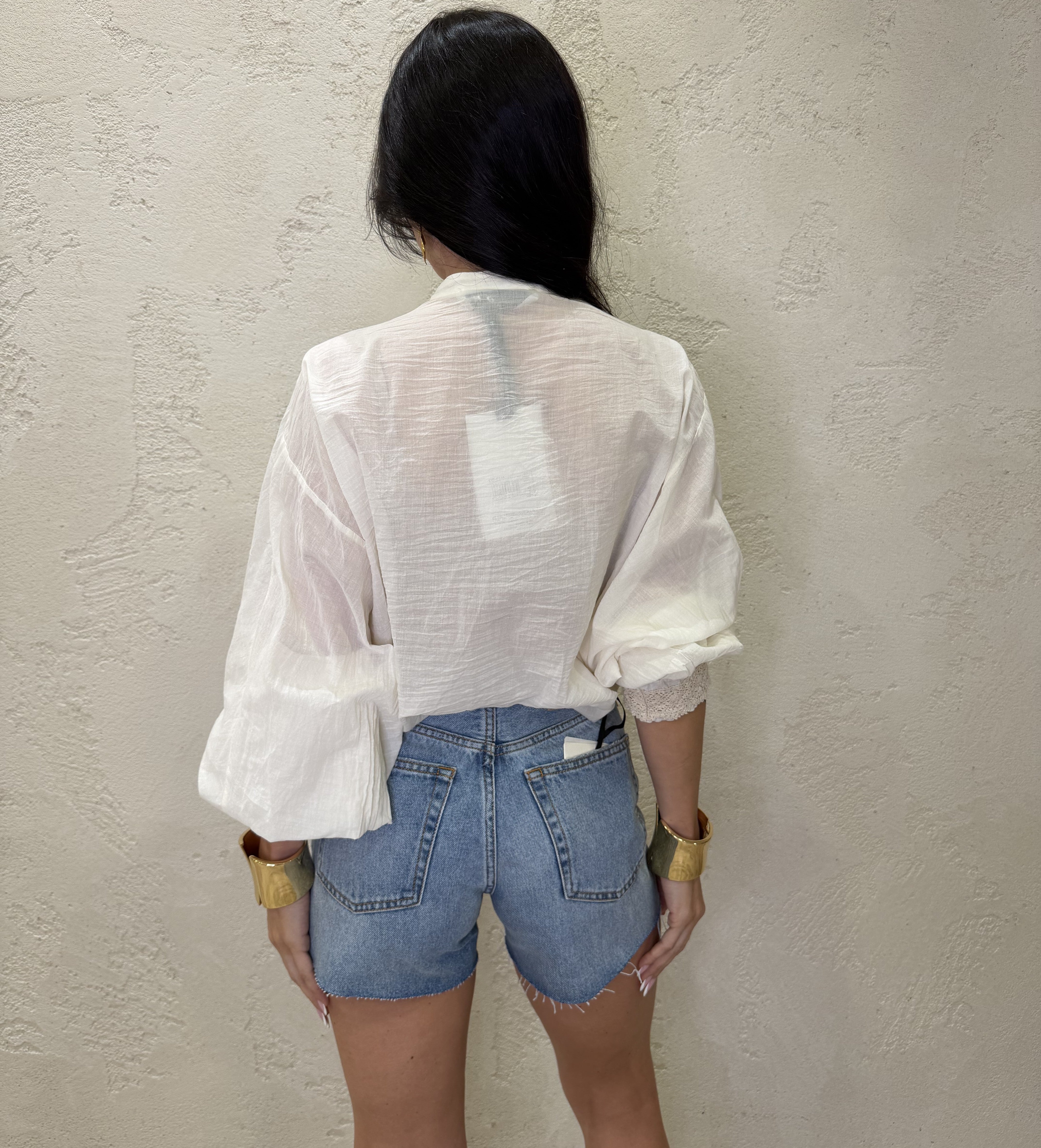 camicia con collo alla coreana e inserti crochet CVS-Q144 BURRO HAVEONE