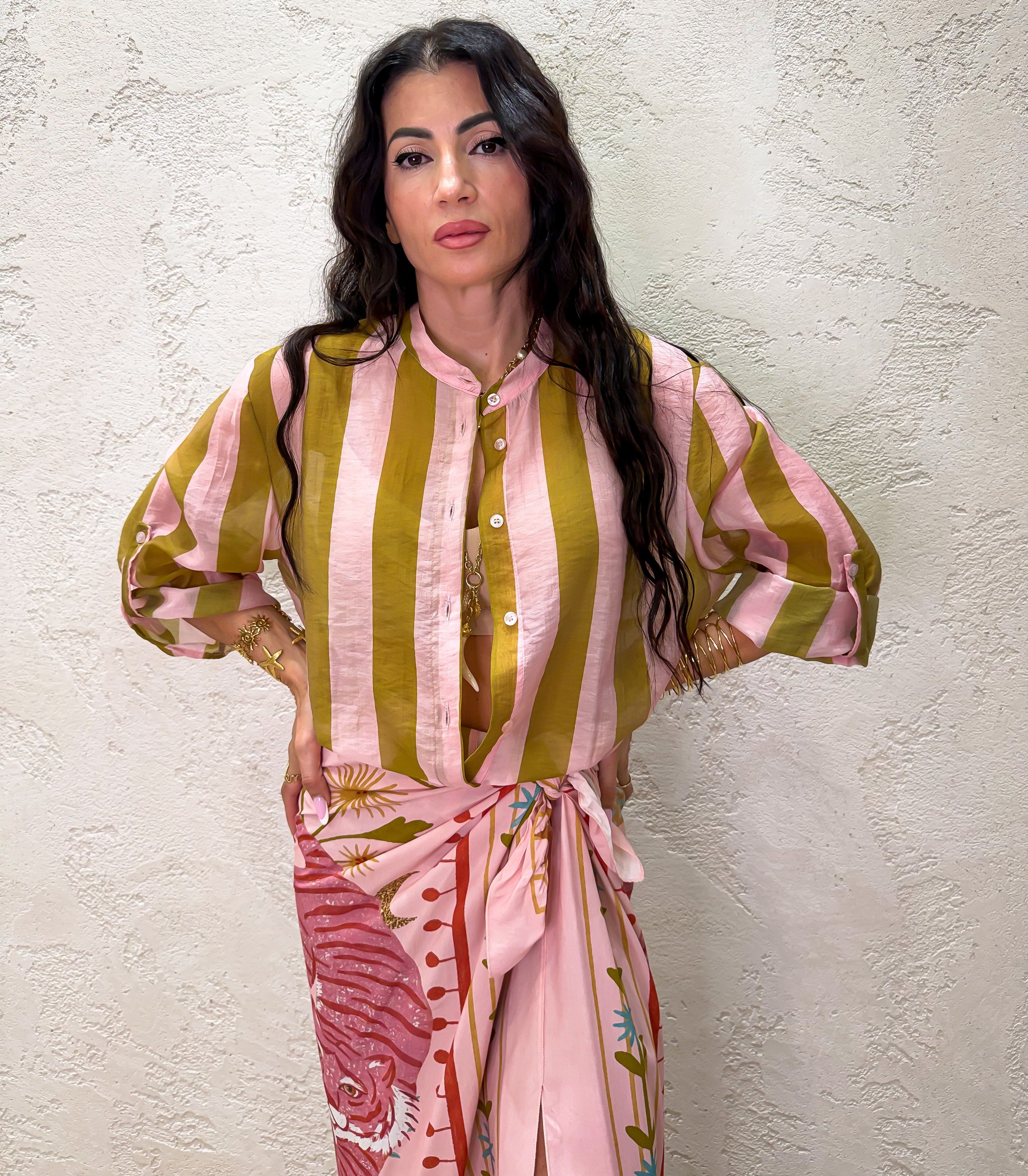 camicia a righe effetto vedo non vedo CVS-Q422 ROSA/OLIO HAVEONE