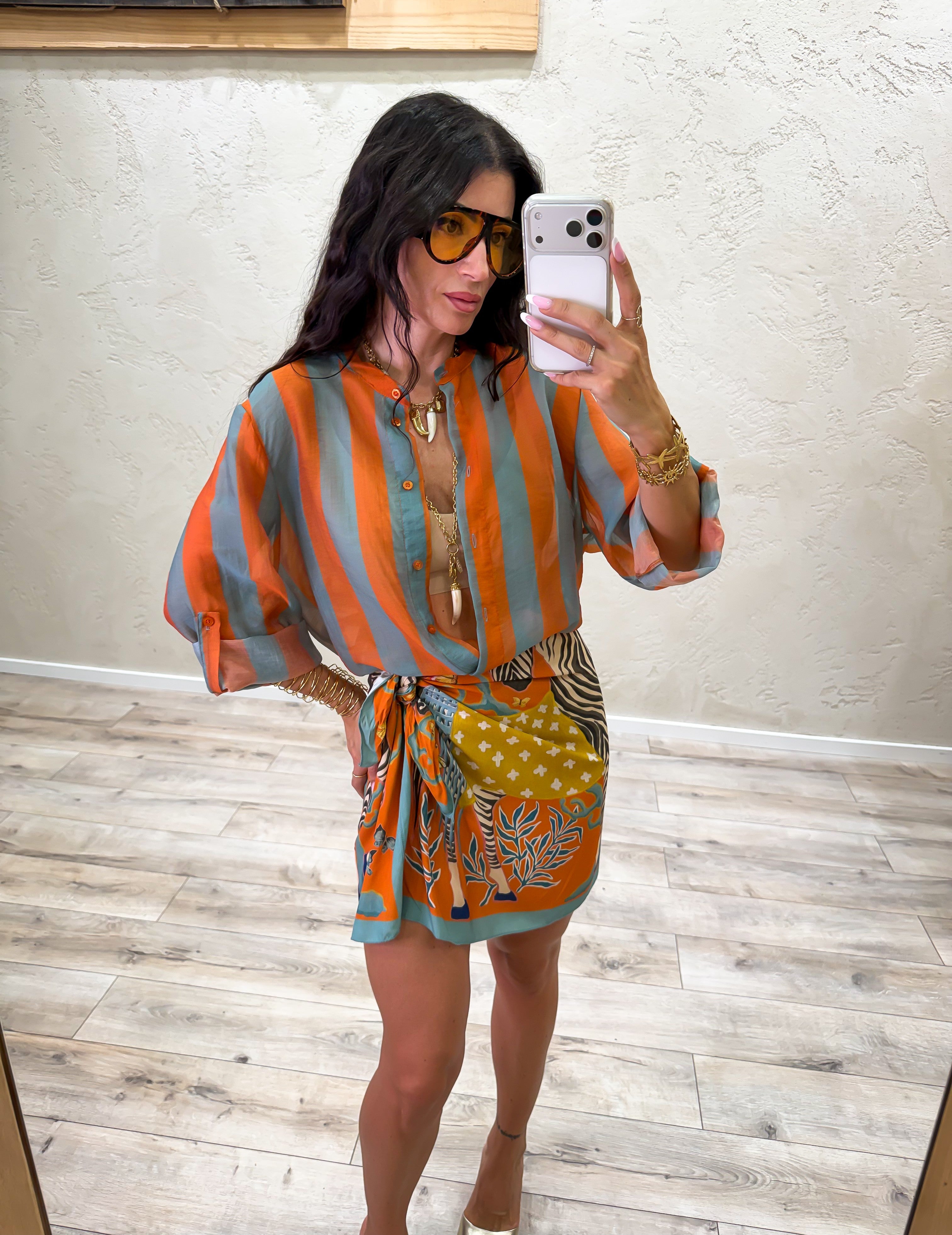 camicia a righe effetto vedo non vedo CVS-Q422 ZUCCHERO/ARANCIONE HAVEONE
