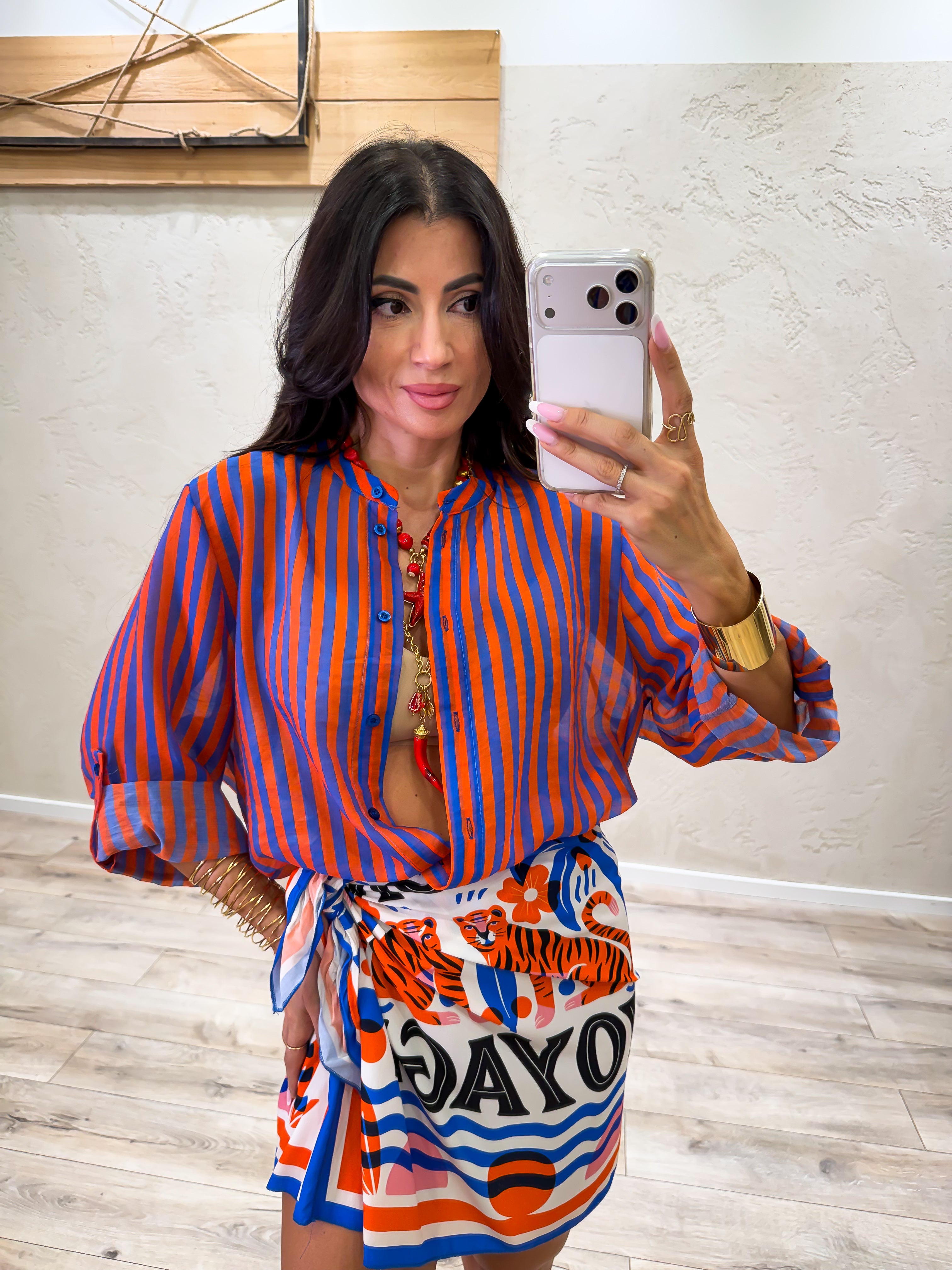 camicia a righe effetto vedo non vedo CVS-Q423 BLU ROYAL/ARANCIO HAVEONE
