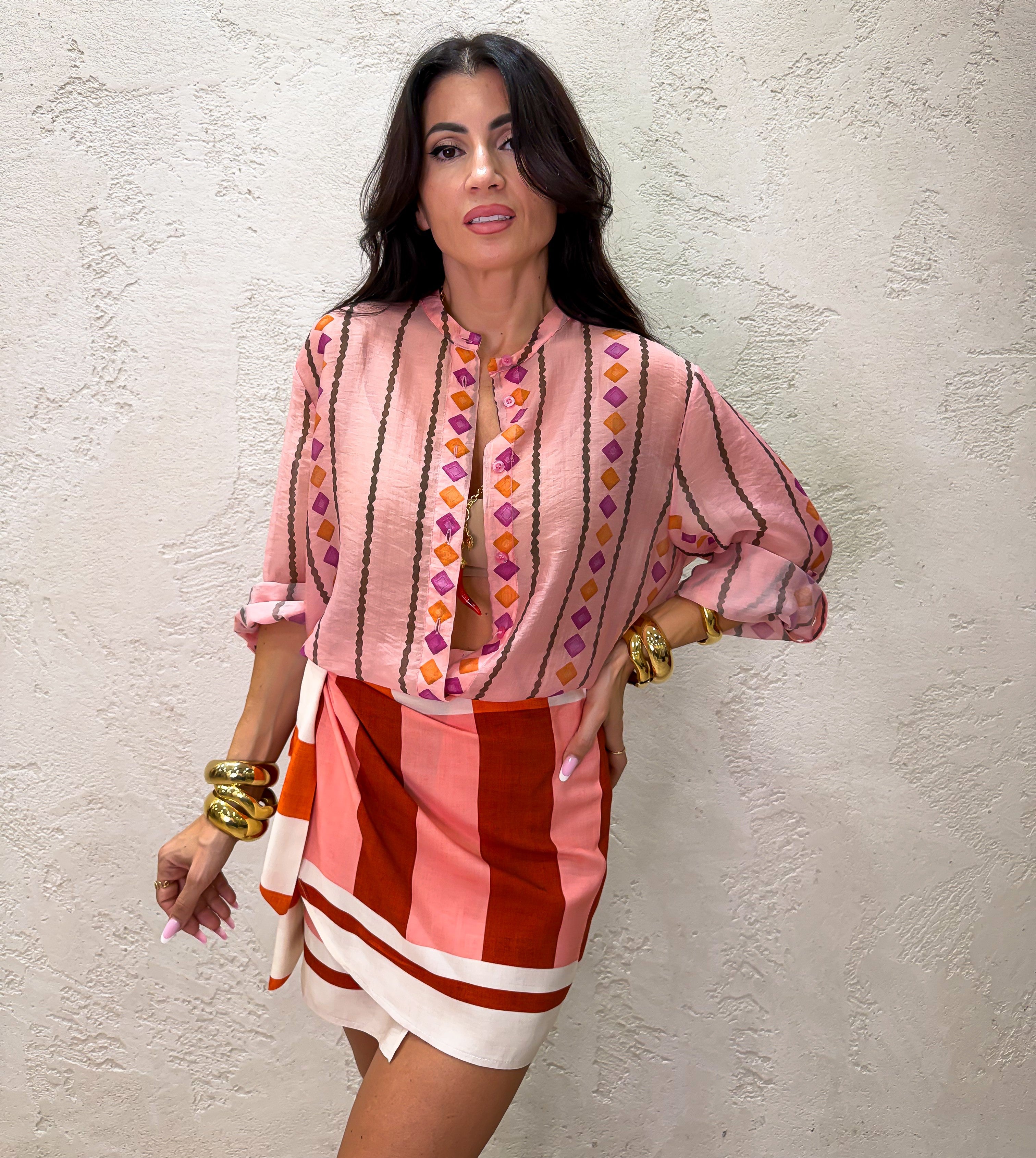 camicia effetto vedo non vedo fantasia geometrica CVS-Q463 ROSA HAVEONE