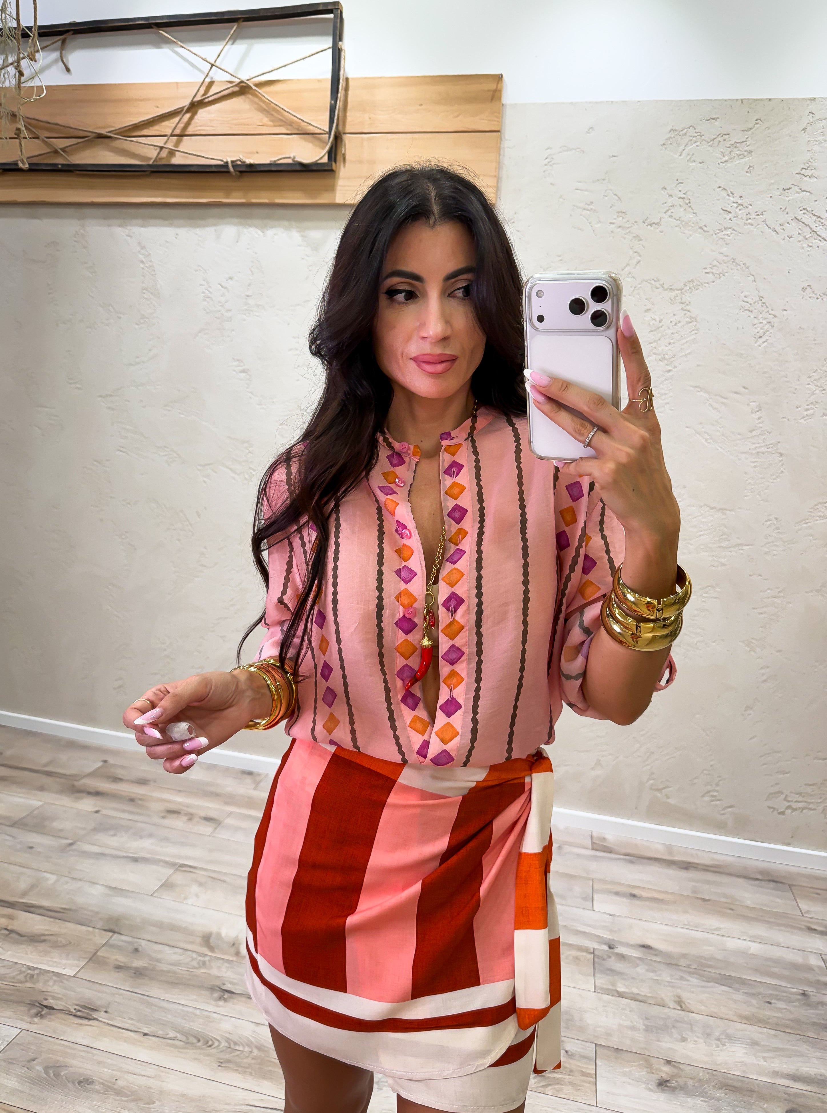 camicia effetto vedo non vedo fantasia geometrica CVS-Q463 ROSA HAVEONE