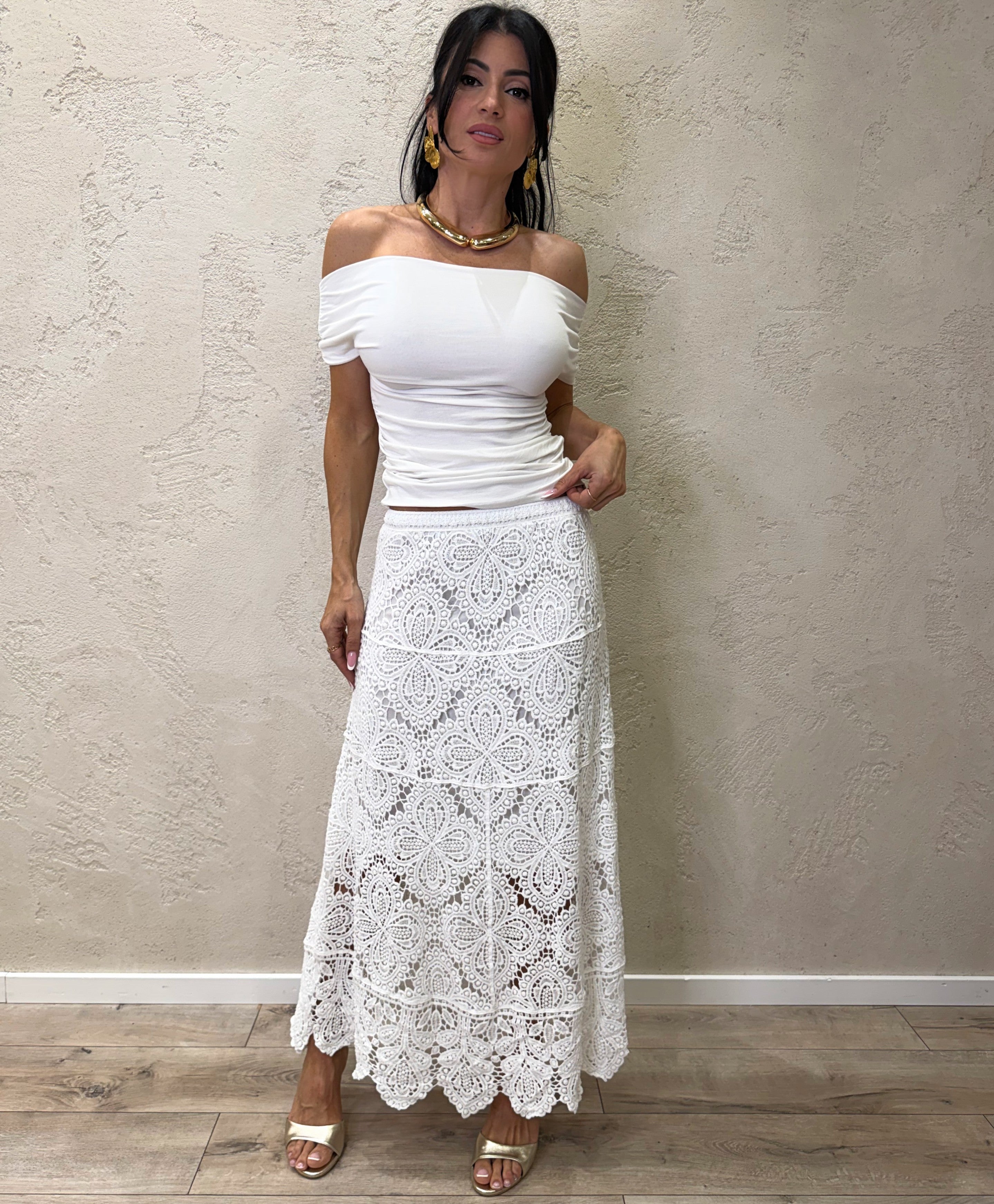 gonna midi crochet GVV-Q164 BIANCO HAVEONE