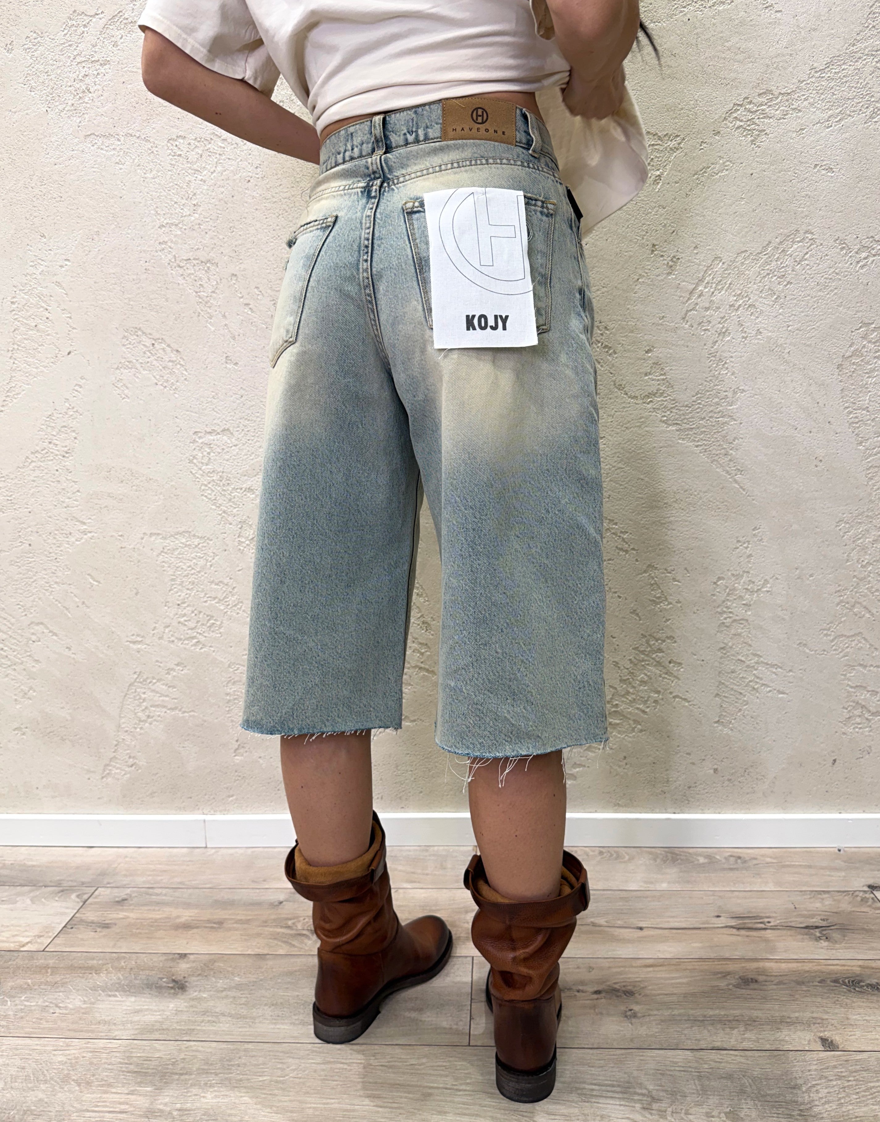 maxi bermuda in tela ferma modello koji effetto vintage con rotture PLS-Q032 DENIM BLU HAVEONE