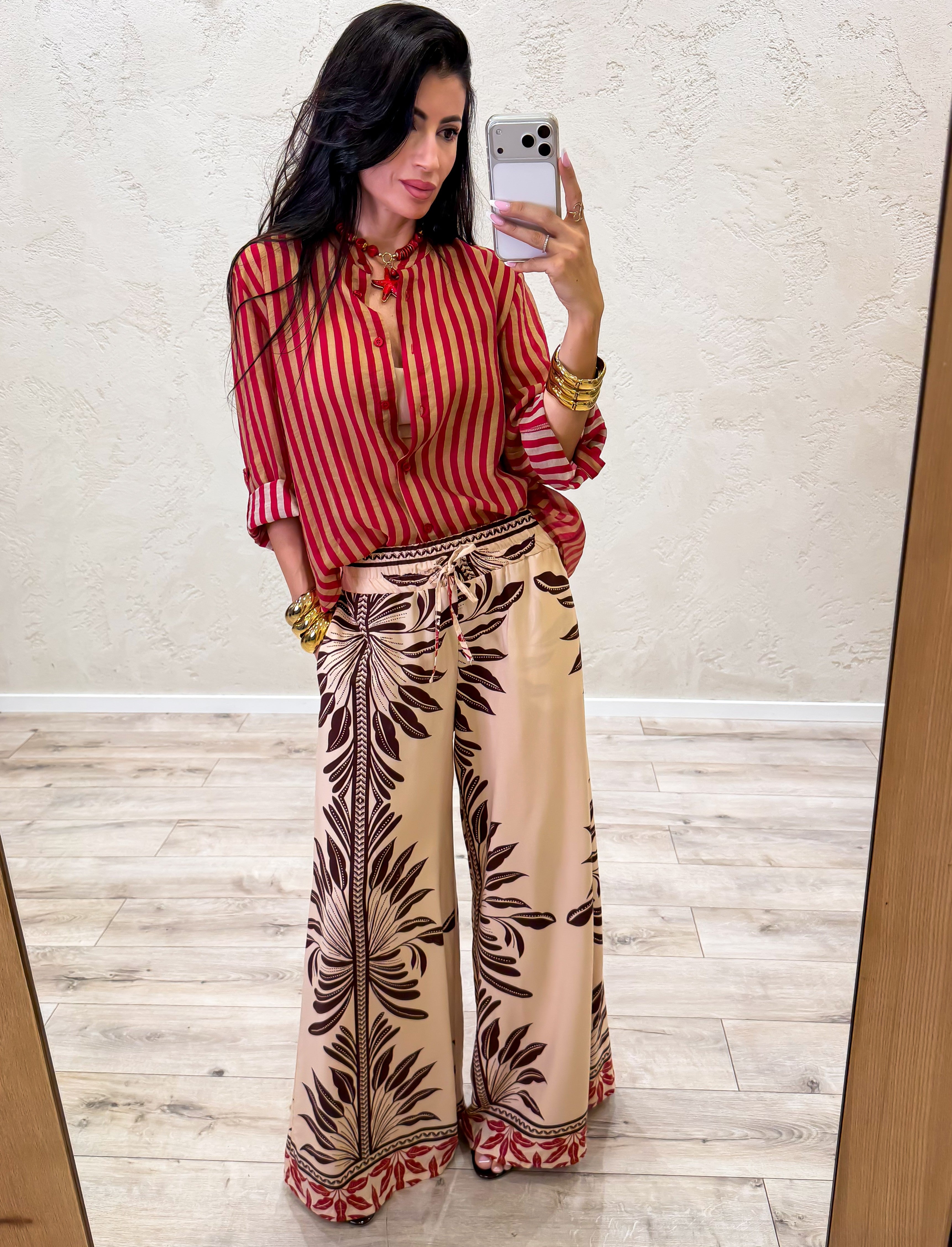 pantalone a palazzo in 100% viscosa fantasia PMA-Q676 BEIGE/MORO HAVEONE