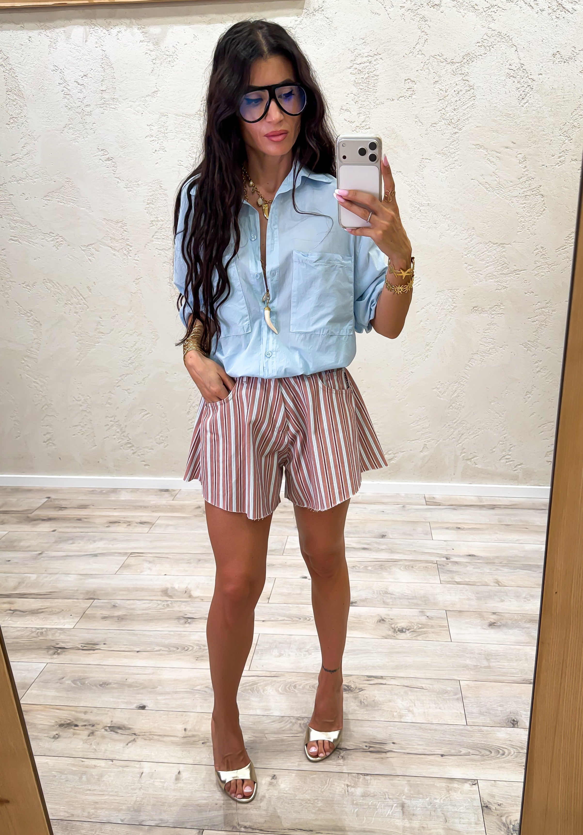 shorts in tela ferma modello a farfalla fantasia a righe PSB-Q680 MATTONE HAVEONE