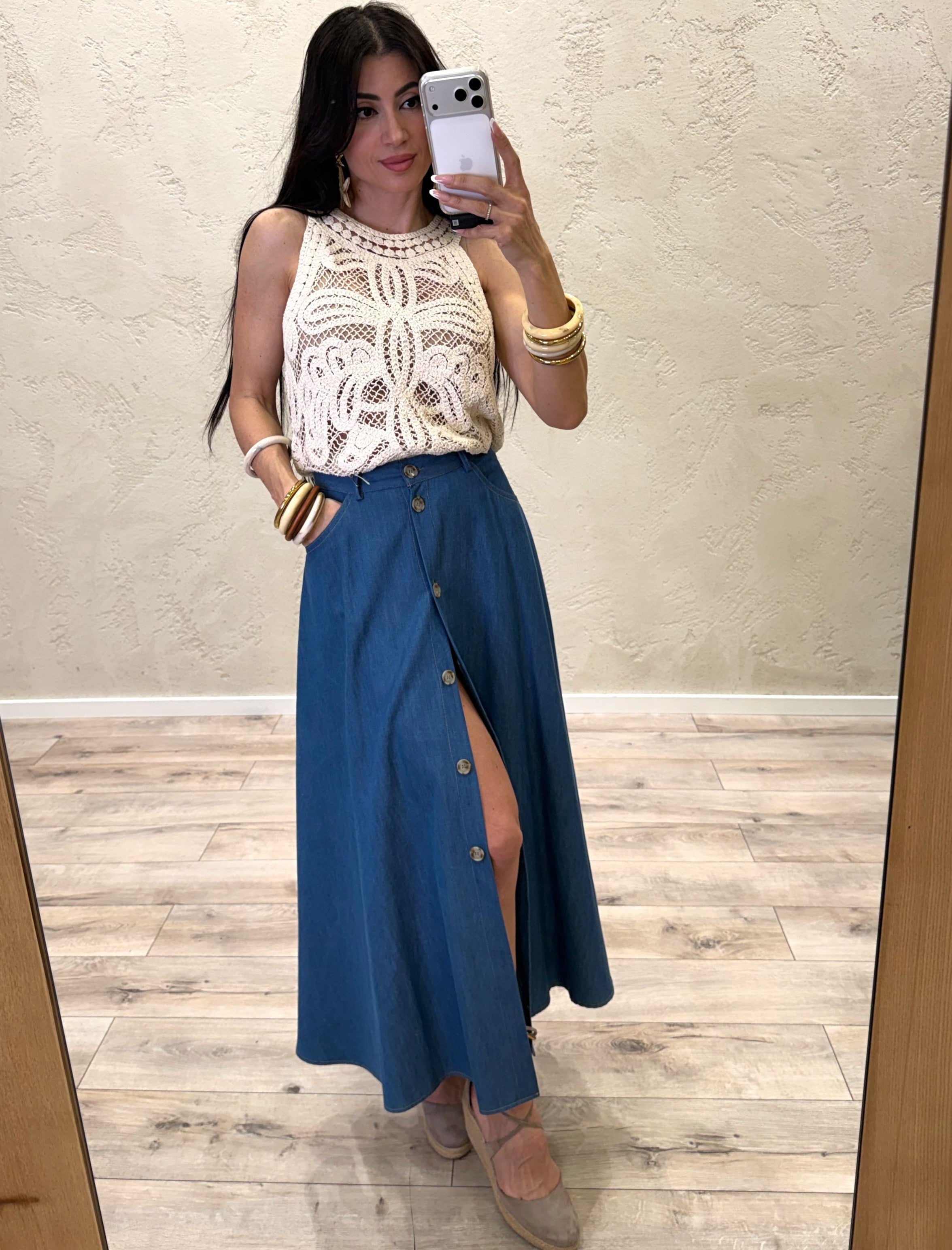 gonna midi in tela chambray con bottoni G9990041V DENIM BLU IMPERIAL
