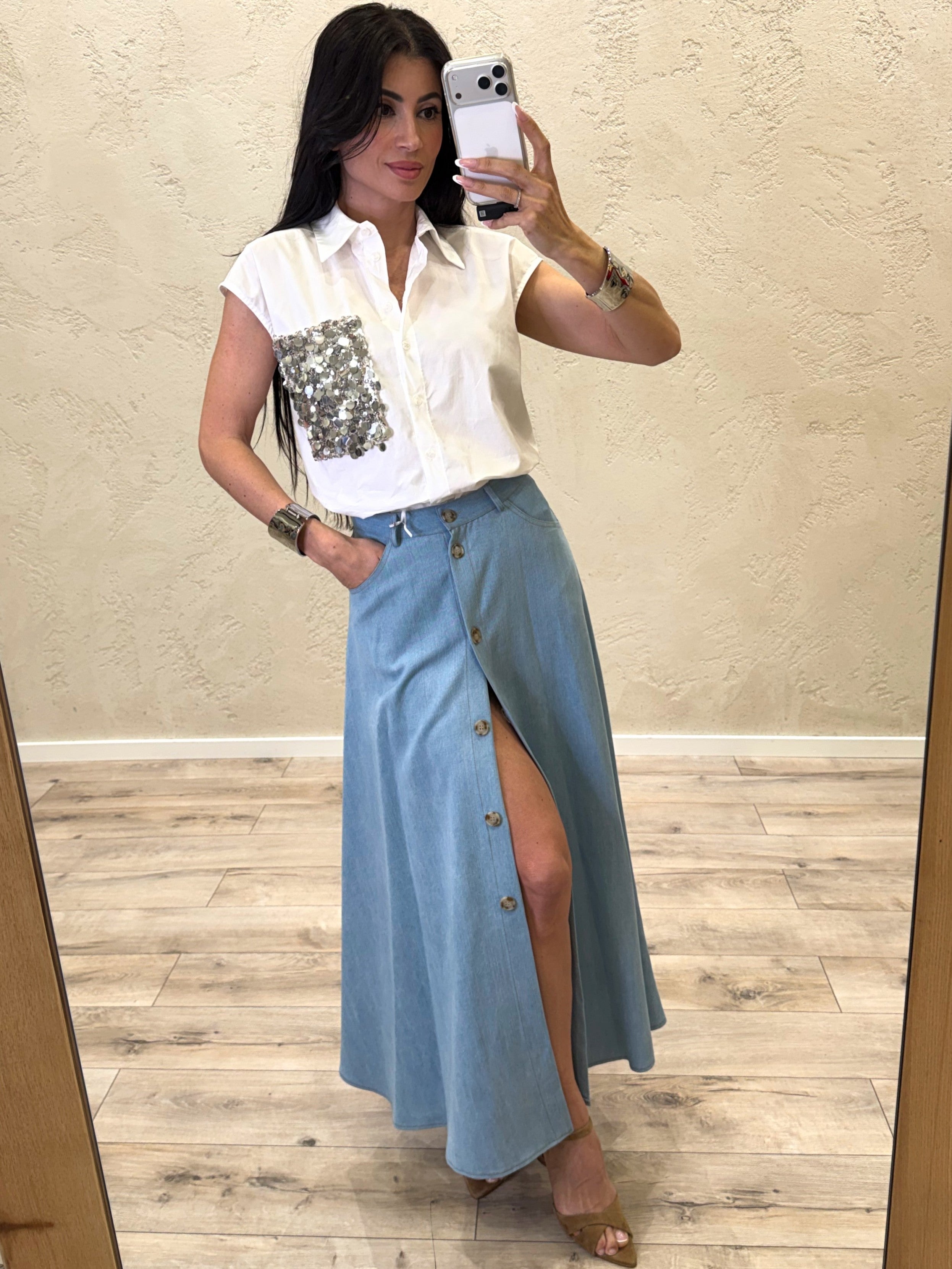 gonna midi in tela chambray con bottoni G9990041V DENIM CHIARO IMPERIAL