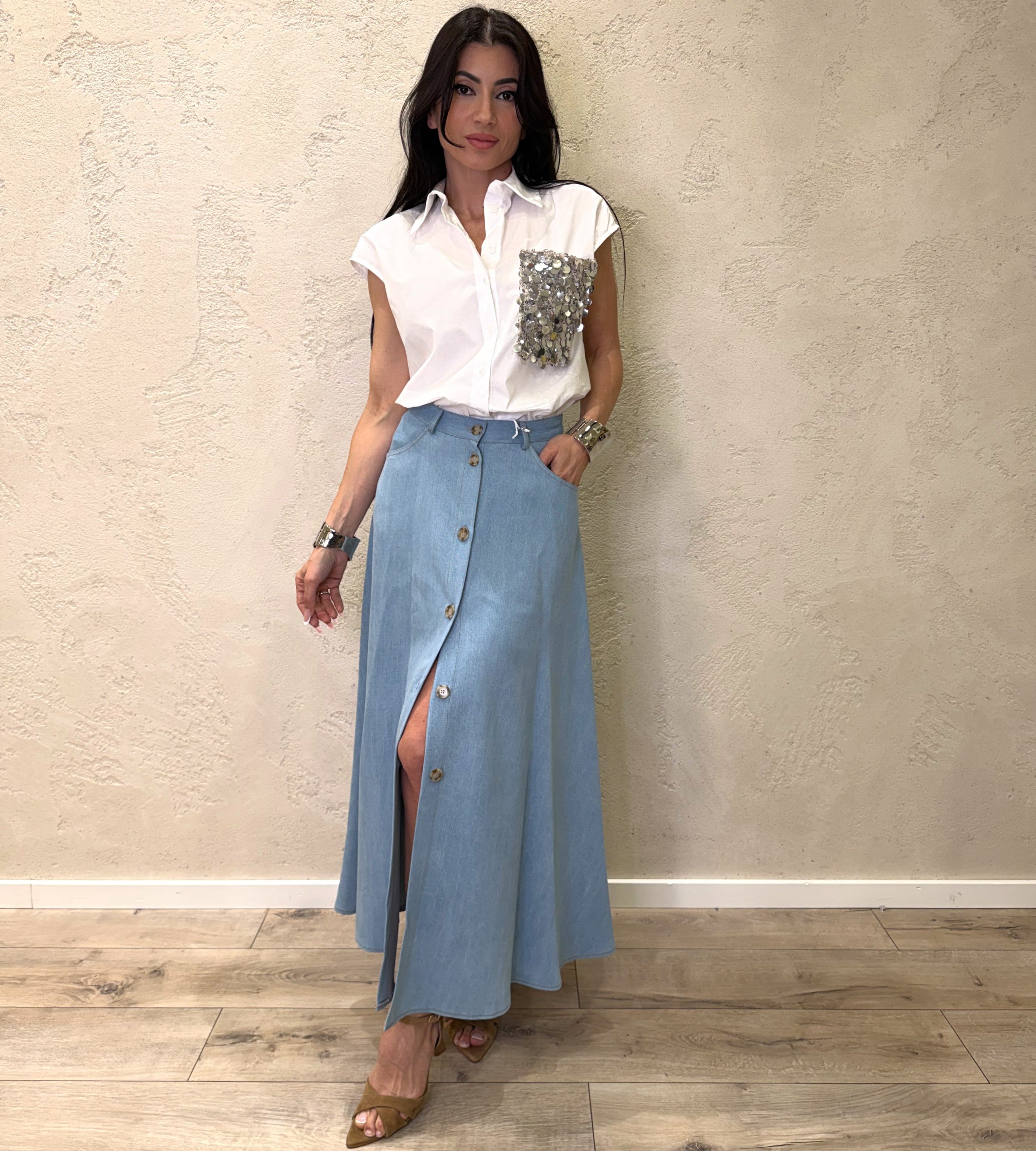 gonna midi in tela chambray con bottoni G9990041V DENIM CHIARO IMPERIAL