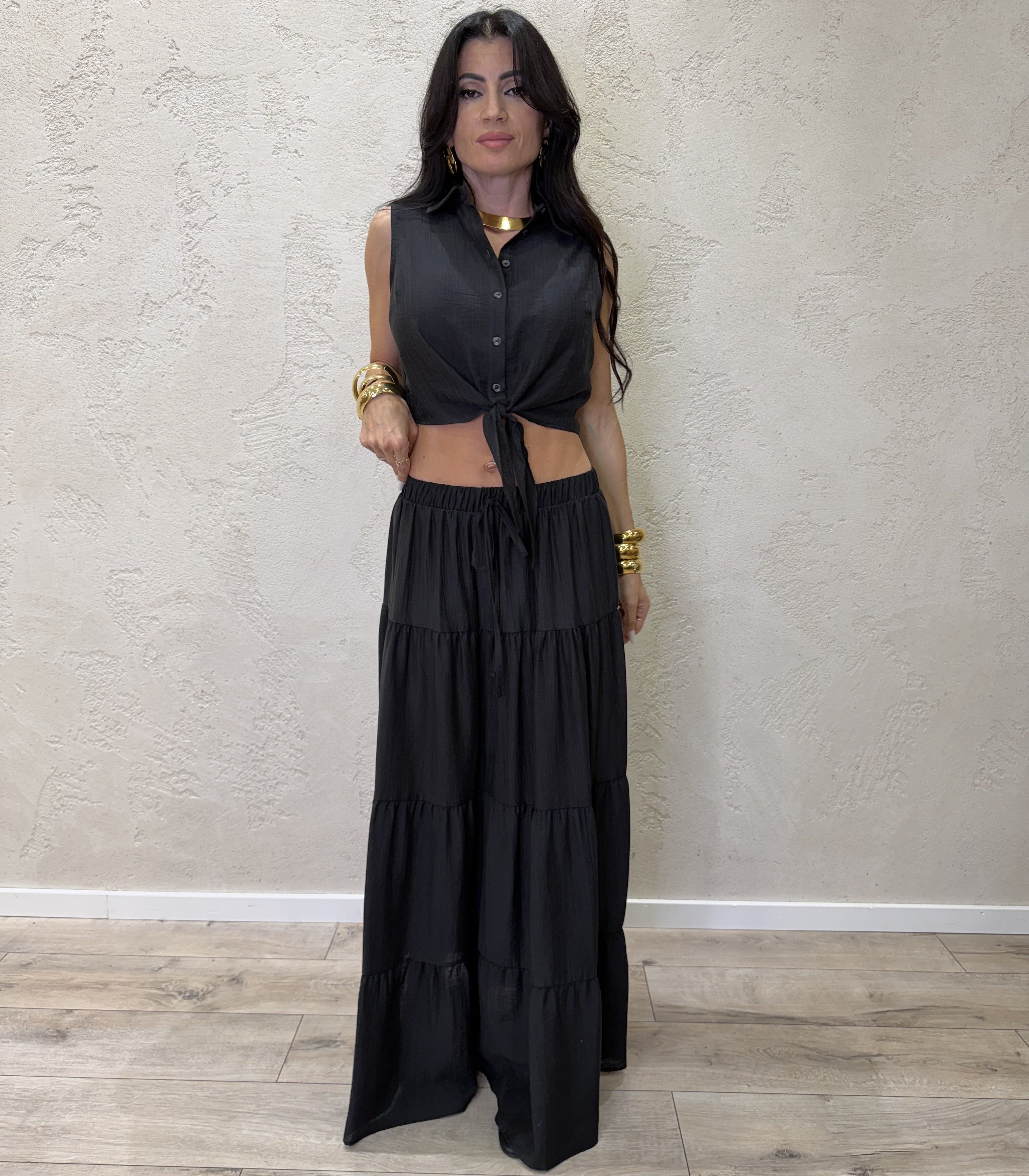camicia smanicata a scatoletta con nodino 10803 NERO SUSY MIX