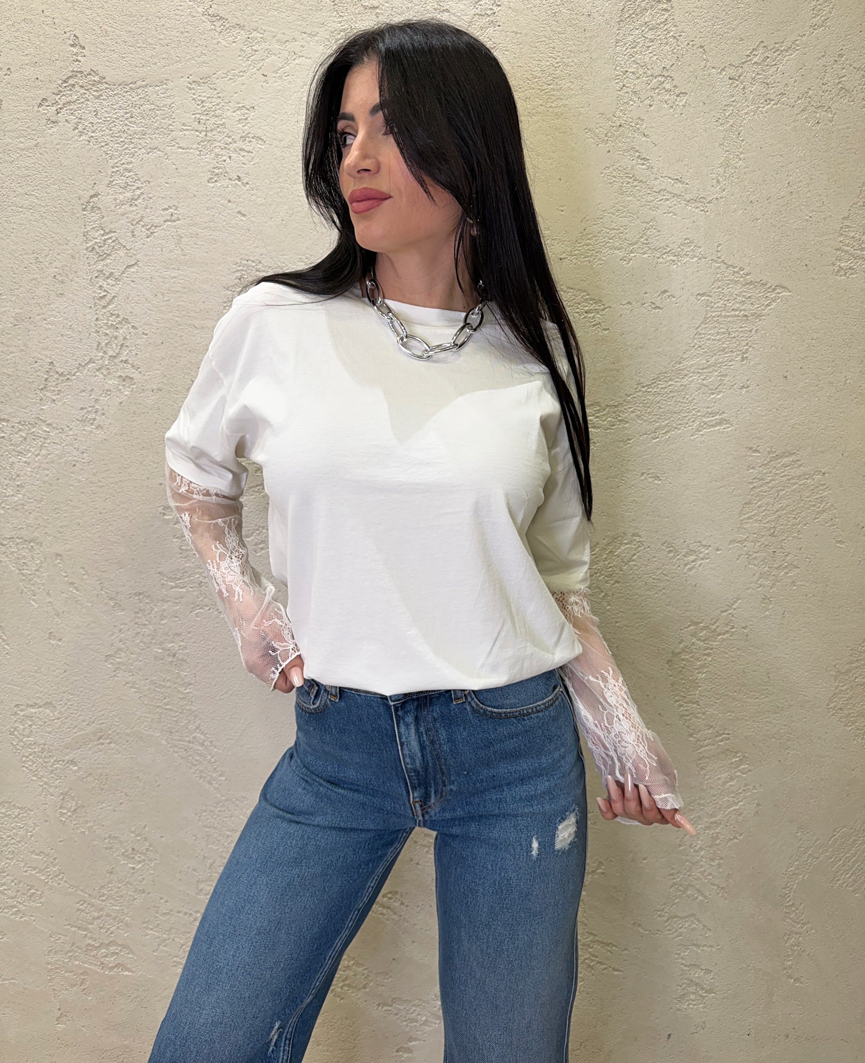 t-shirt con maniche in pizzo 11073 LATTE SUSY MIX