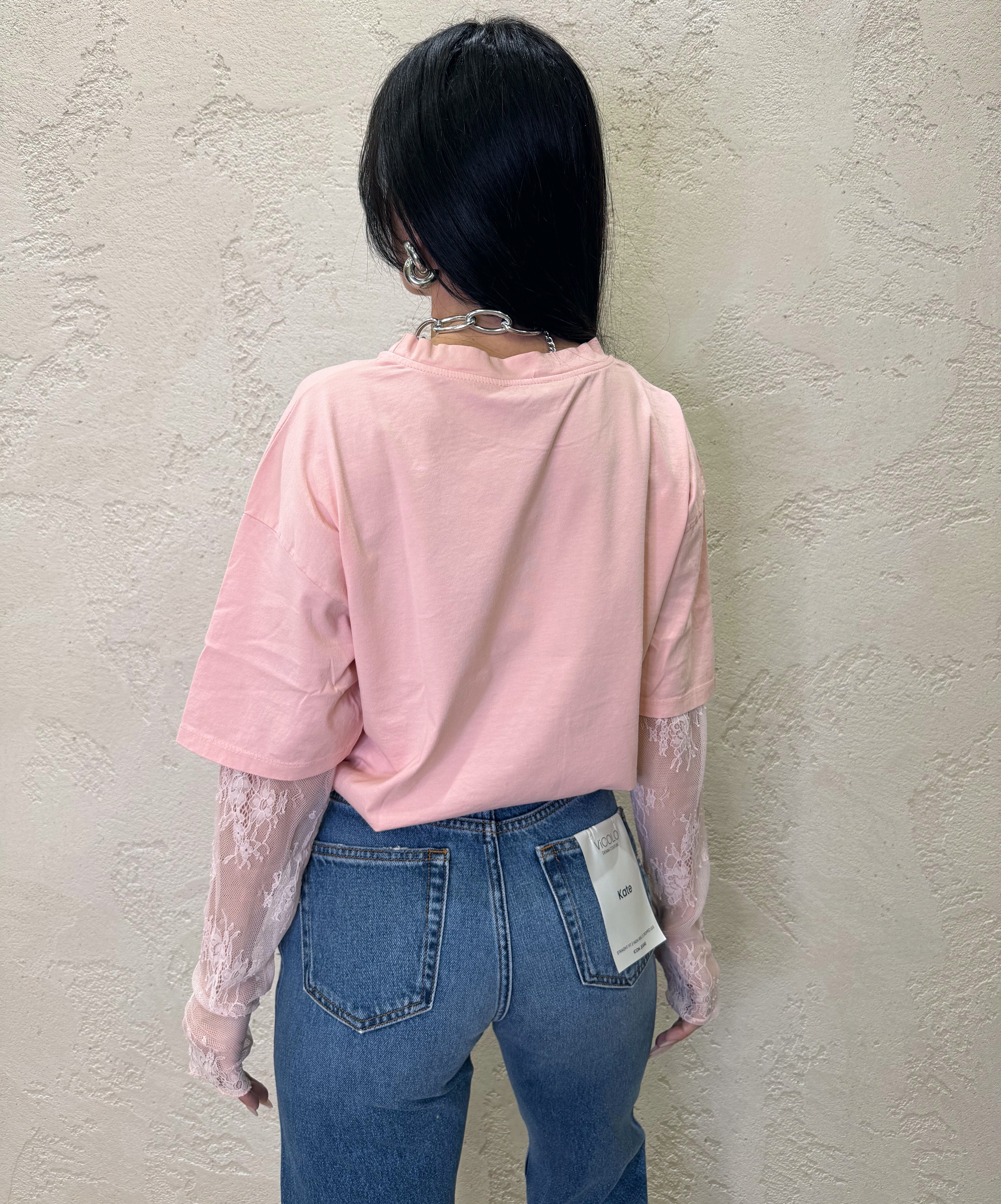 t-shirt con maniche in pizzo 11073 ROSA SUSY MIX