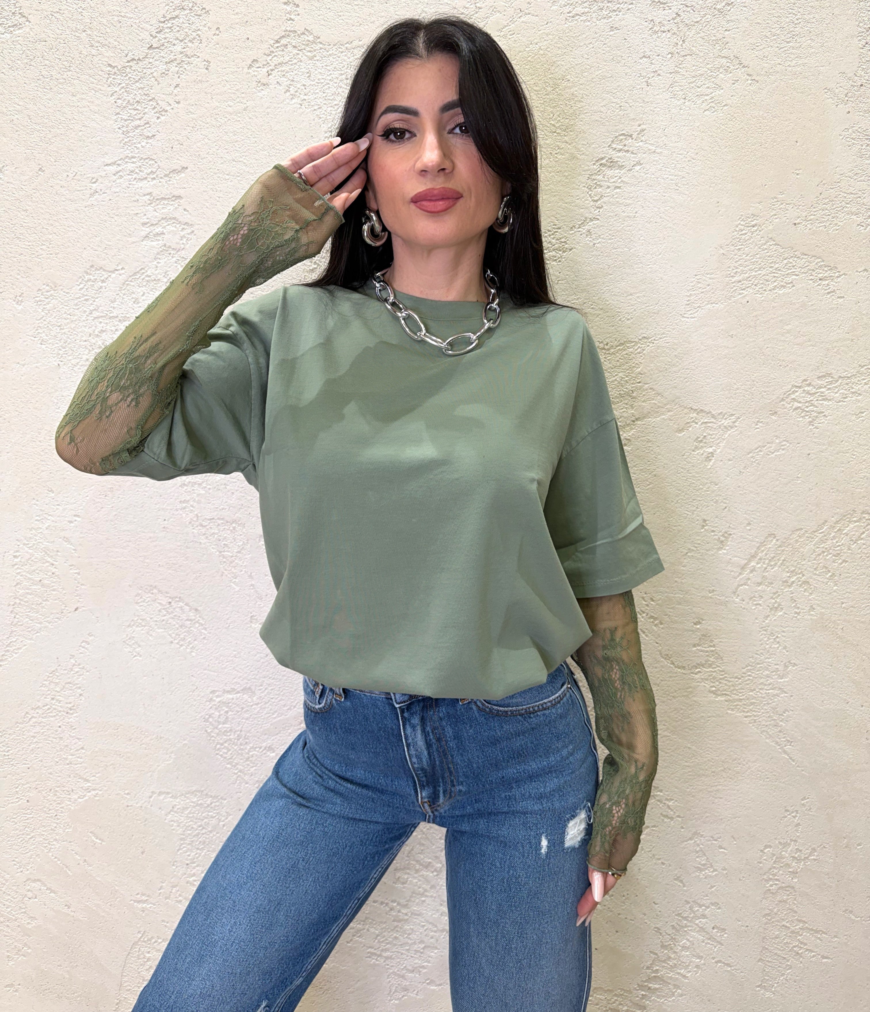 t-shirt con maniche in pizzo 11073 VERDE SALVIA SUSY MIX